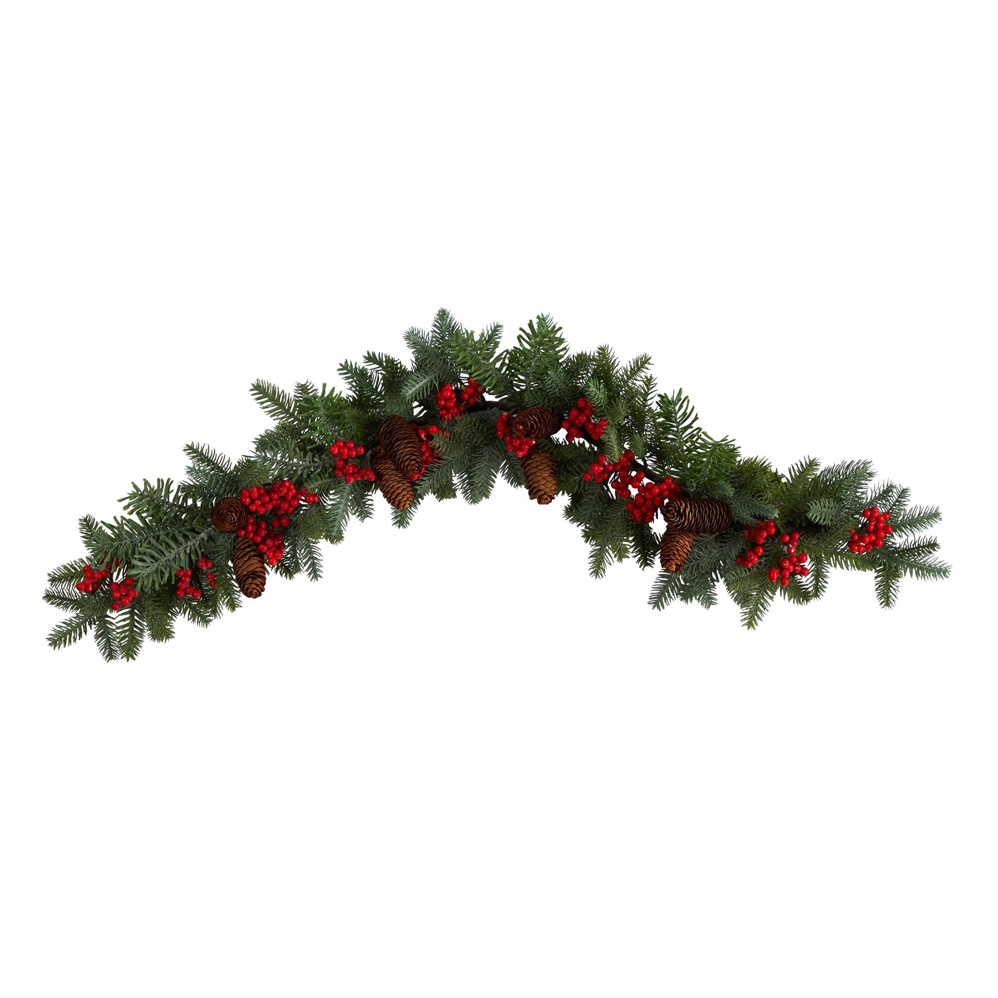 BreeBe - 40” Pines, Red Berries and Pinecones Christmas Garland - Green/Red