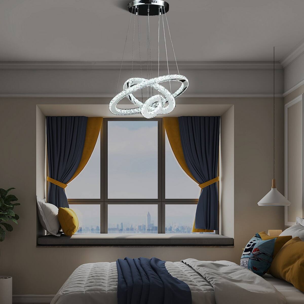 Left. Loheer - Loheer Triple Ring LED Chandelier with Adjustable Height, Dimmable Crystal Light in Silver.