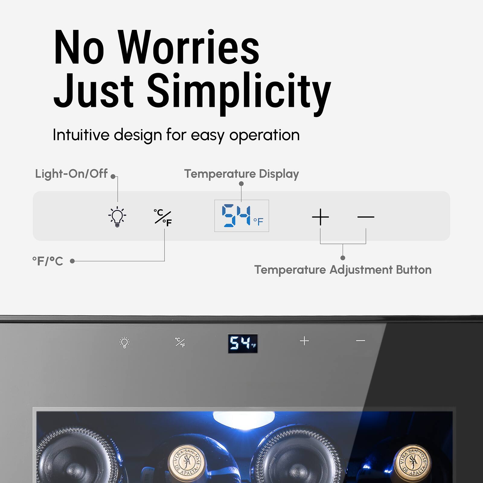 No Worries Just Simplicity, Intuitive design for easy operation, Light-On/Off, Temperature Display, °F, °C, Temperature Adjustment Button, 54. + -