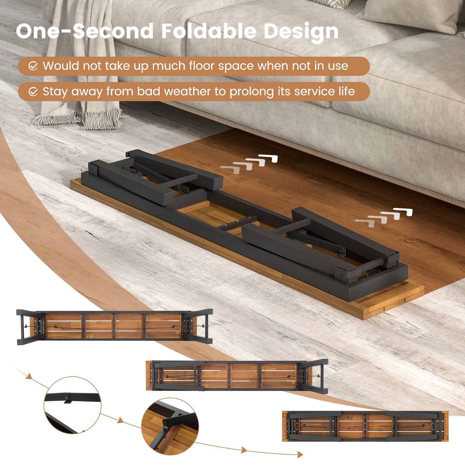 One-Second Foldable Design

- Would not take up much floor space when not in use
- Stay away from bad weather to prolong its service life