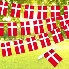 G128 - Denmark Flag Bunting - 38 Mini Flags on 33 ft String, 150D Polyester (8.2 x 5.5 in) - Assorted Colors
