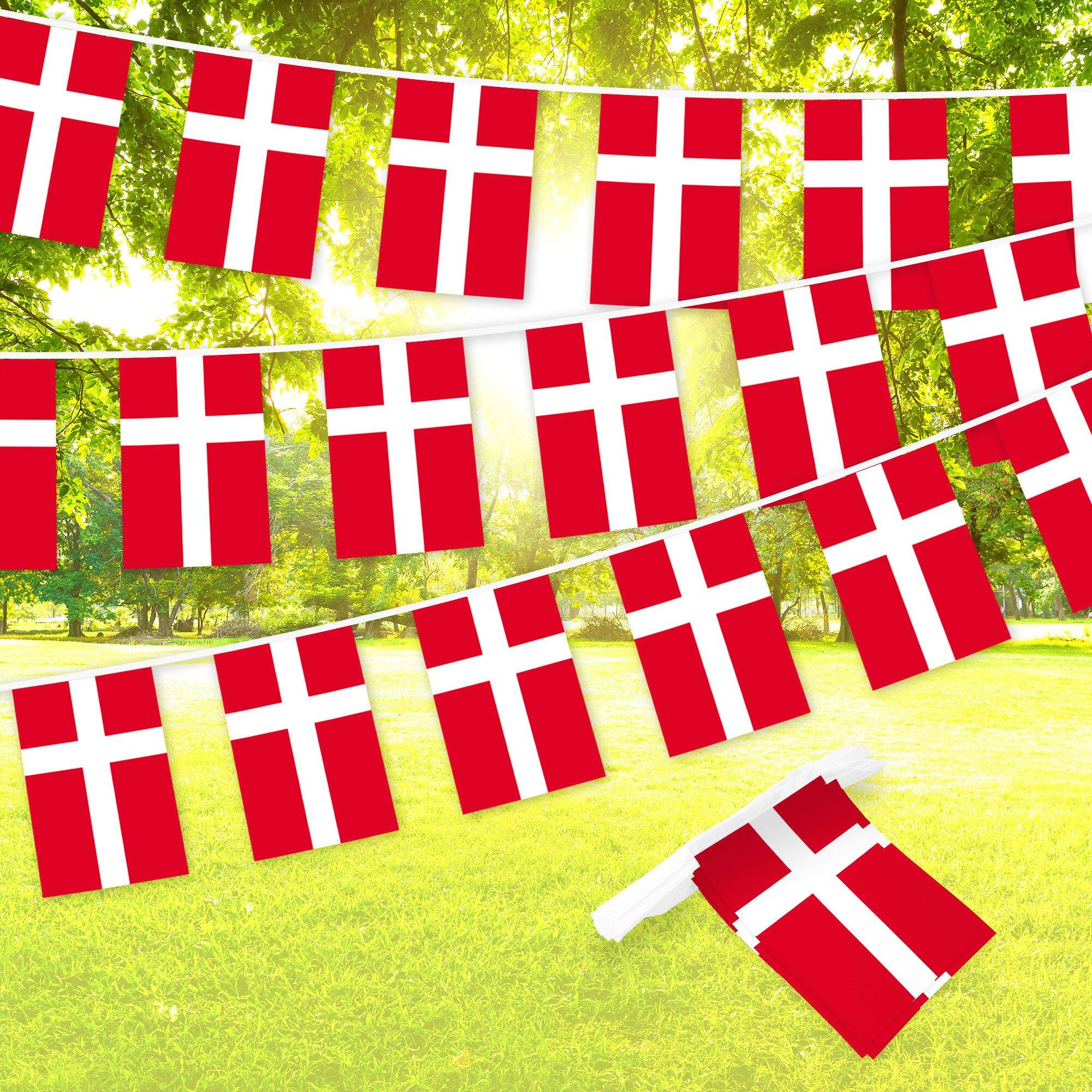 Front. G128 - Denmark Flag Bunting - 38 Mini Flags on 33 ft String, 150D Polyester (8.2 x 5.5 in). - Assorted Colors.