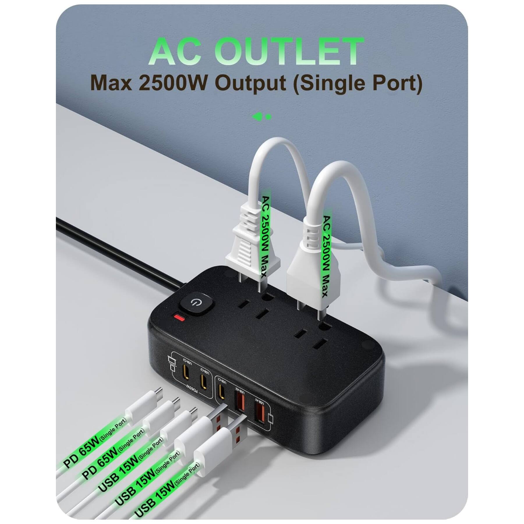 AC OUTLET  
Max 2500W Output (Single Port)  

AC 2500W Max  

PD 65W (Single Port)  
USB 15W (Single Port)  
USB 15W (Single Port)