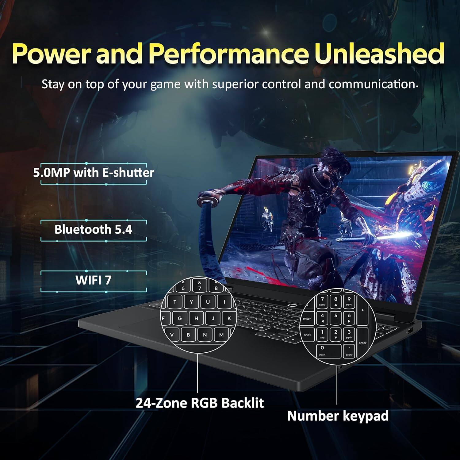 Power and Performance Unleashed  
Stay on top of your game with superior control and communication.  

5.0MP with E-shutter  
Bluetooth 5.4  
WIFI 7  

24-Zone RGB Backlit  
Number keypad