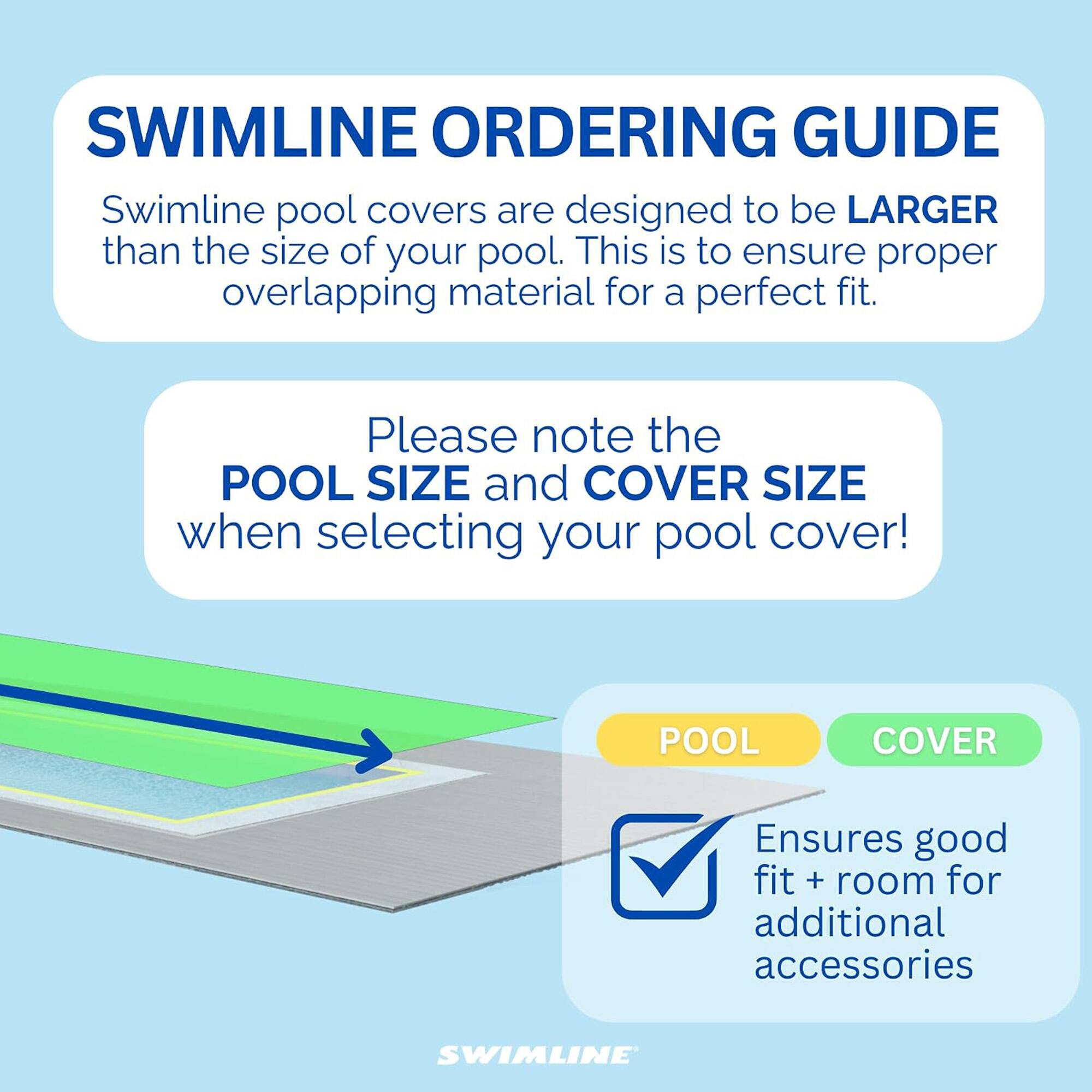 SWIMLINE ORDERING GUIDE

Swimline pool covers are designed to be LARGER than the size of your pool. This is to ensure proper overlapping material for a perfect fit.

Please note the POOL SIZE and COVER SIZE when selecting your pool cover!

POOL COVER
Ensures good fit + room for additional accessories

SWIMLINE