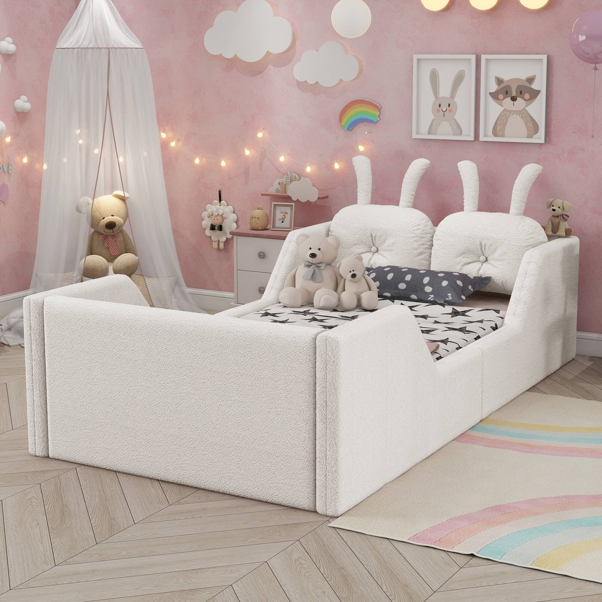 Alt View 1. GOODSILO - Twin Size Upholstered Platform Bed with Decorative Cushions and Removable Safety Rails for Children - White.