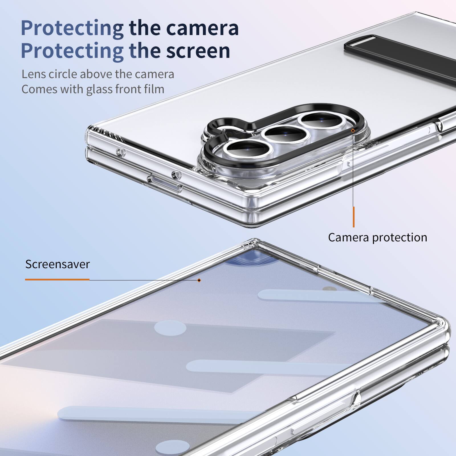 Protecting the camera  
Protecting the screen  
Lens circle above the camera  
Comes with glass front film  

Screensaver  
Camera protection