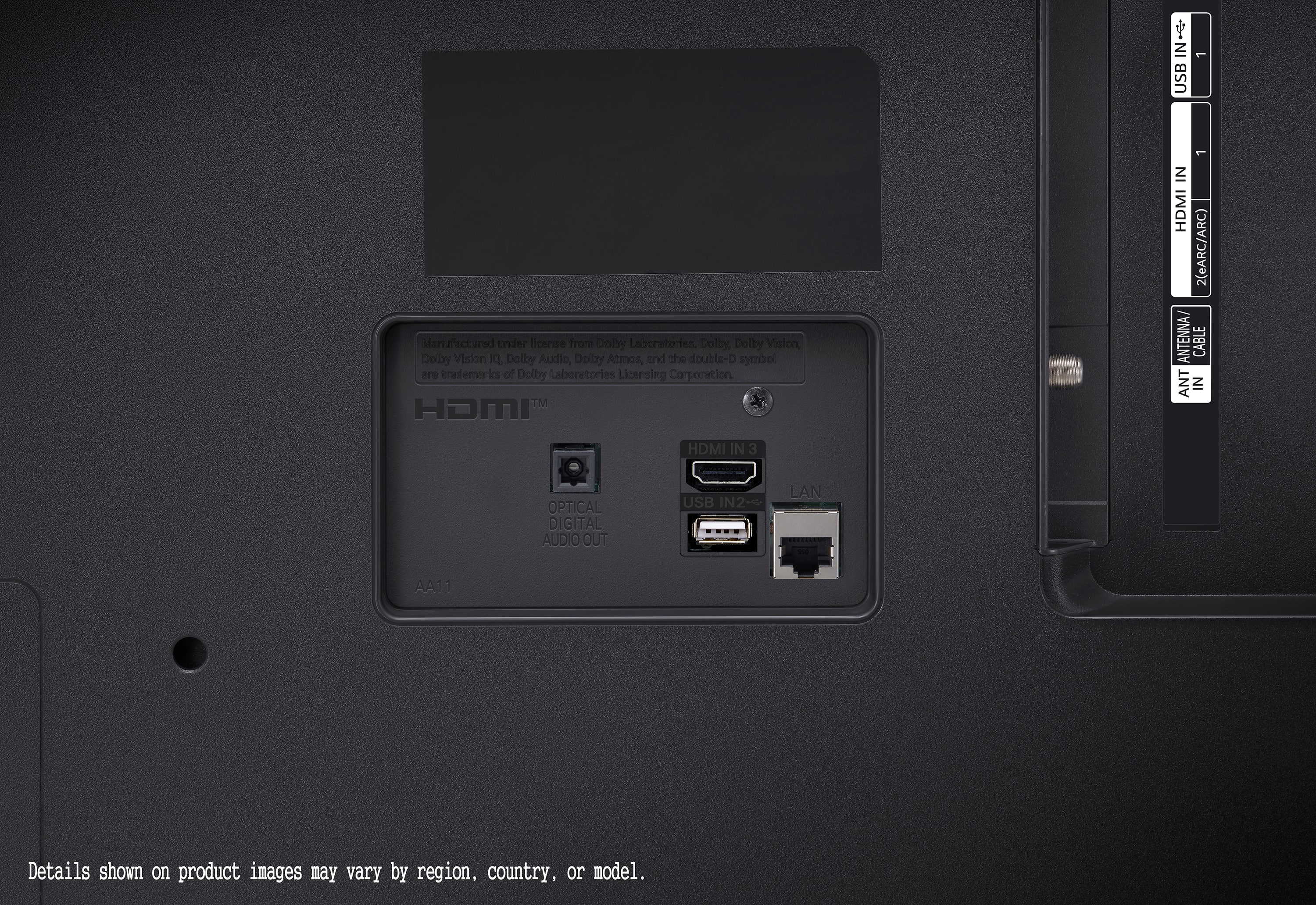 The text on the image reads:
"Manufactured under license from Dolby Laboratories Dolby, Dolby Vision, Dolby Vision IQ, Dolby Audio, Dolby Atmos, and the double-D symbol are trademarks of Dolby Laboratories Licensing Corporation. HOMI 1 IN HDMI 2(eARC/ARC) ANTENNA/ CABLE ANT IN HDMI I IN 3 OPTICAL GITAL AUDIO OUT USB IN2 LAN AA11 Details shown on product images may vary by region, country, or model."