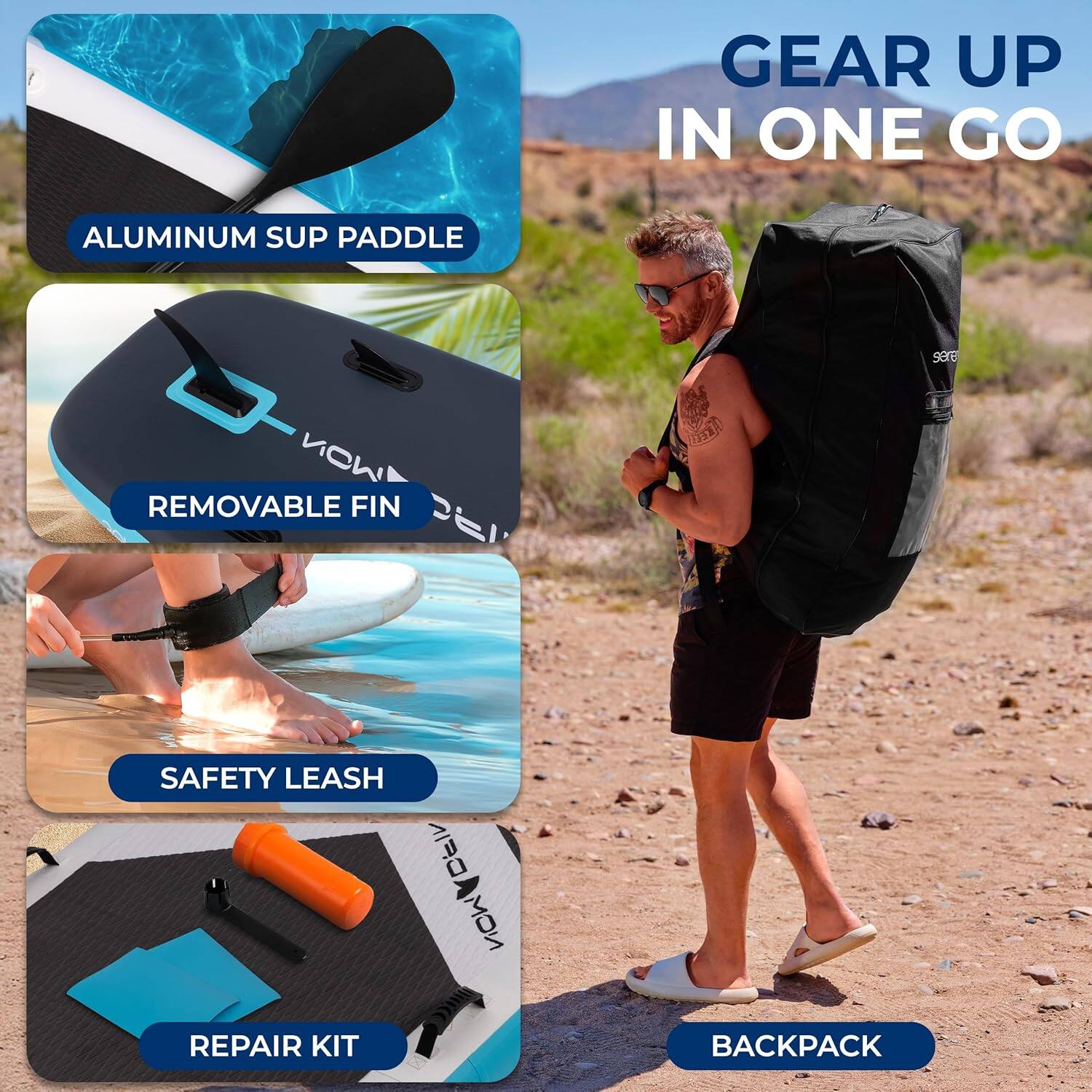 GEAR UP IN ONE GO

- ALUMINUM SUP PADDLE
- REMOVABLE FIN
- SAFETY LEASH
- REPAIR KIT
- BACKPACK