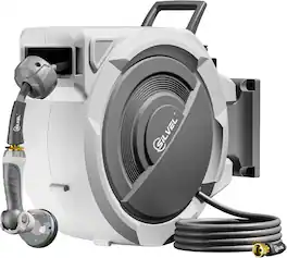 PHLEX PRO - Upgraded Retractable Garden Hose Reel, 1/2 in x 110FT Heavy Duty Automatic Hose Reel with 11 Pattern Nozzle - White and Gray