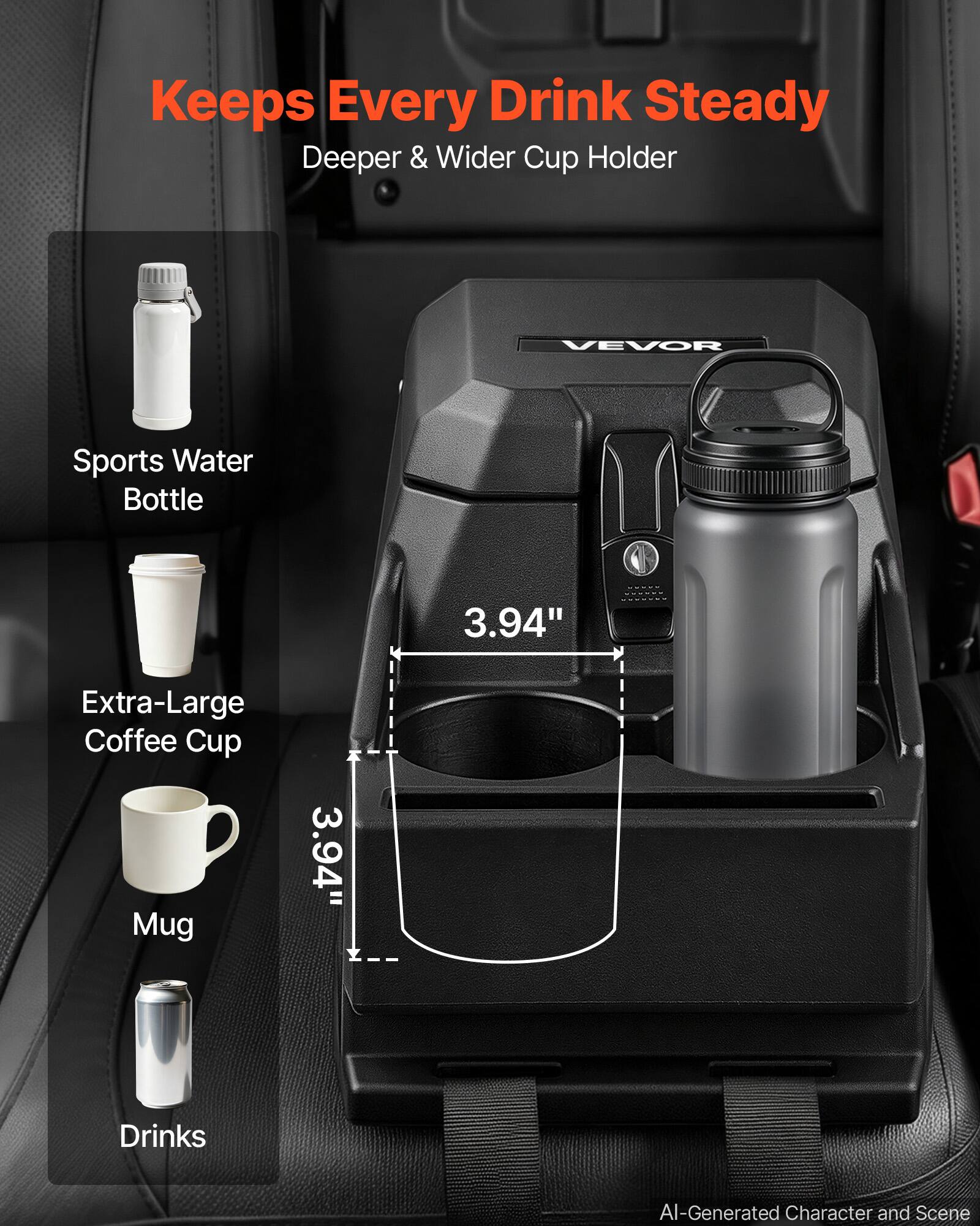 Keeps Every Drink Steady  
Deeper & Wider Cup Holder  

VEVOR Sports Water Bottle  
3.94" Extra-Large Coffee Cup Mug  
3.94" Drinks  

AI-Generated Character and Scene