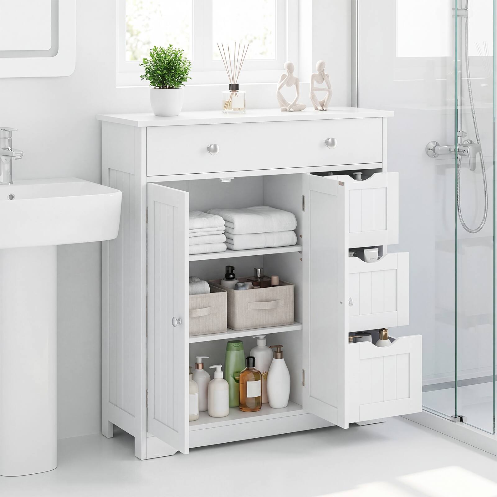 Alt View 3. Gymax - Gymax Bathroom Floor Cabinet Storage Cabinet w/4 Drawers2 Doors&Adjustable Shelf White - White.