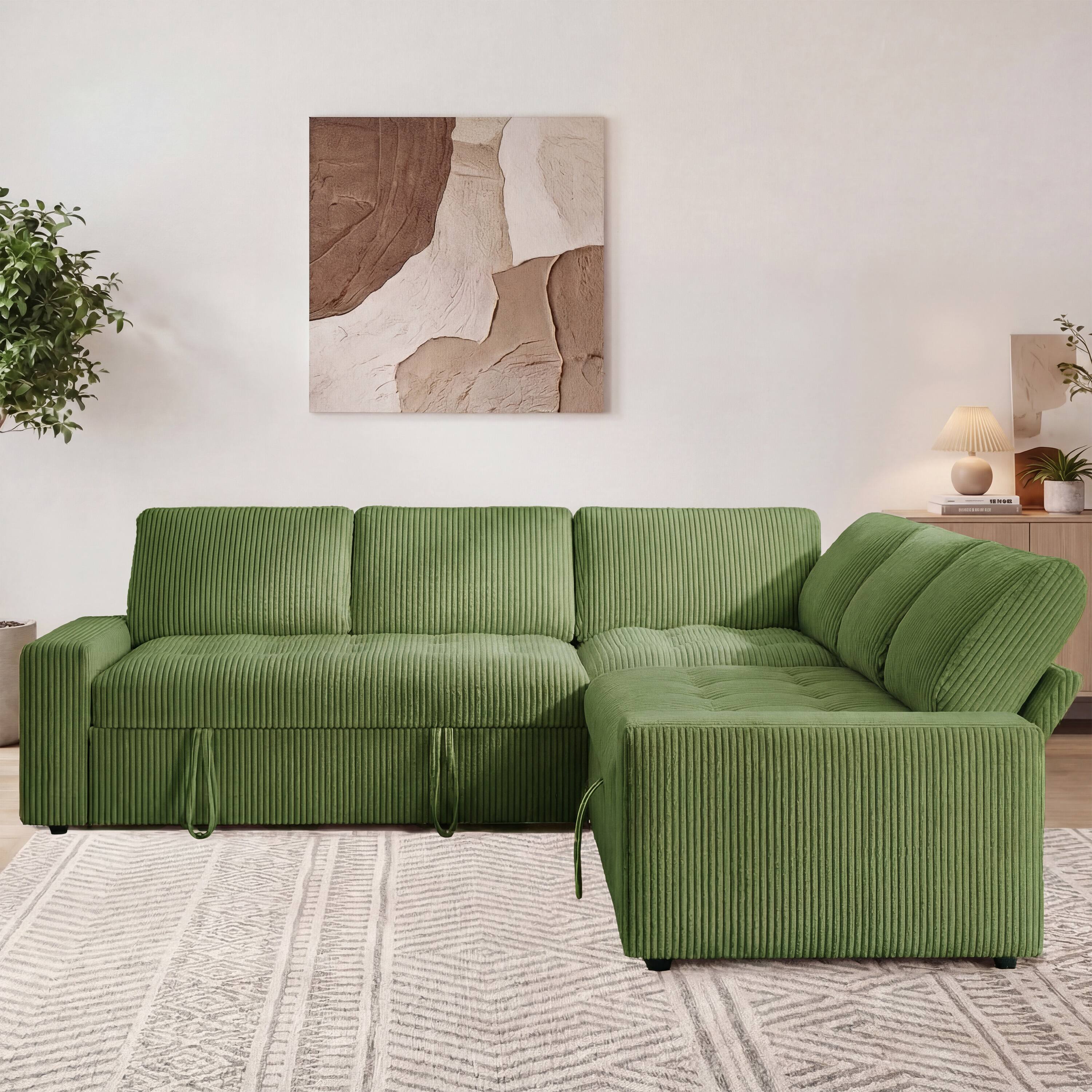 Back. Dyonery - 80 Inch L-Shaped Modular Sectional Sofa,Green Corduroy Convertible Couch with Pull Out Sofa Bed,Adjustable Backrest - Green.