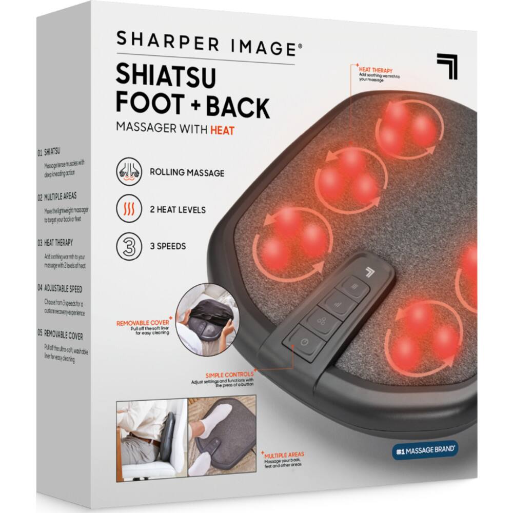 Sharper Image Shiatsu Foot + Back Massager with Heat Heat Therapy. Adjustable for 2 heat levels. 3 speeds. Removable cover. Multiple areas massaged. Experience 3 heating options. 3 heat levels. 3 speeds. Removable cover. Simplify controls. Includes foot and back massage. The #1 massage brand.