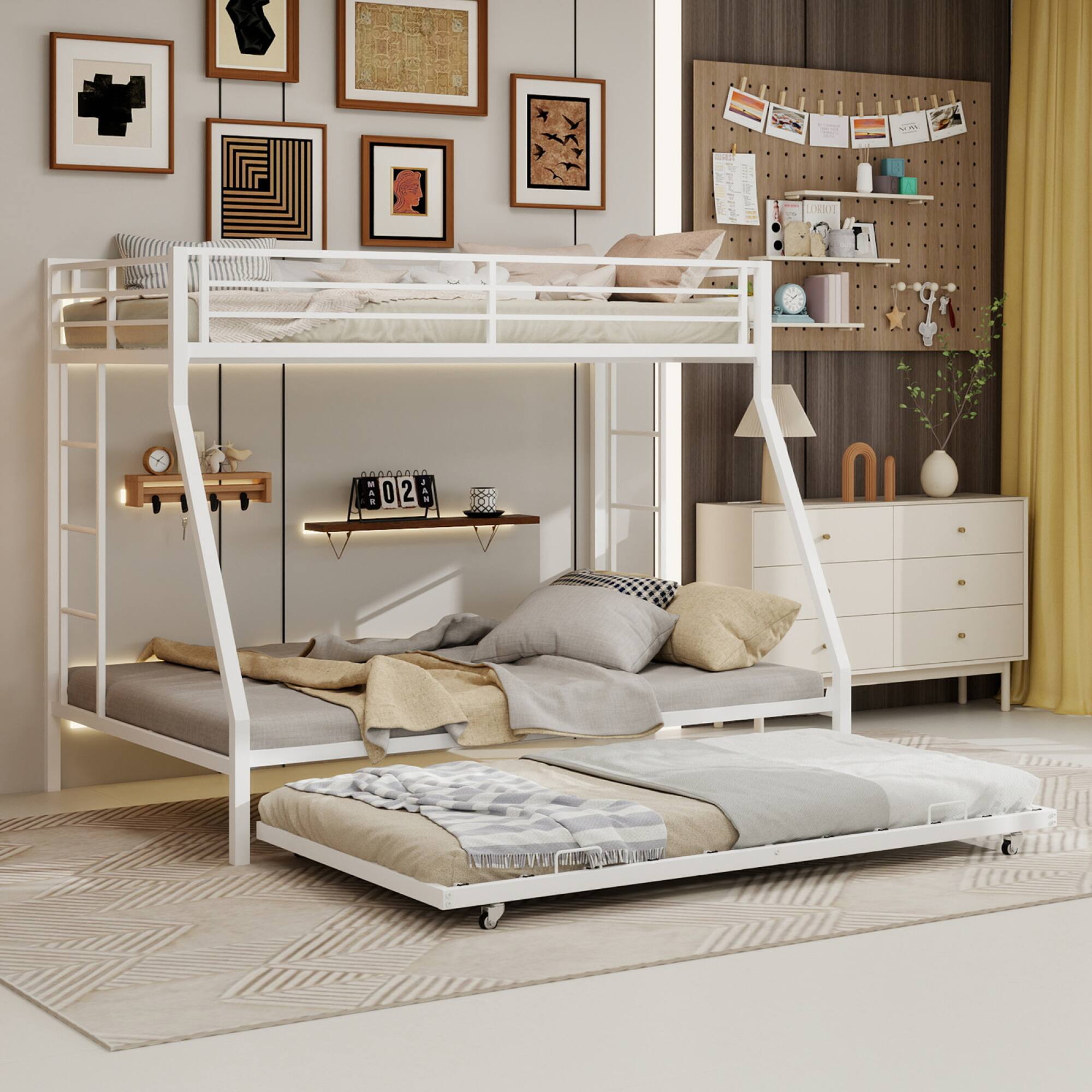 Alt View 1. GOODSILO - Full Size Square Tube Triple Sleeper Bunk Bed with Pull-Out Trundle and Ladder for Space Saving - White.