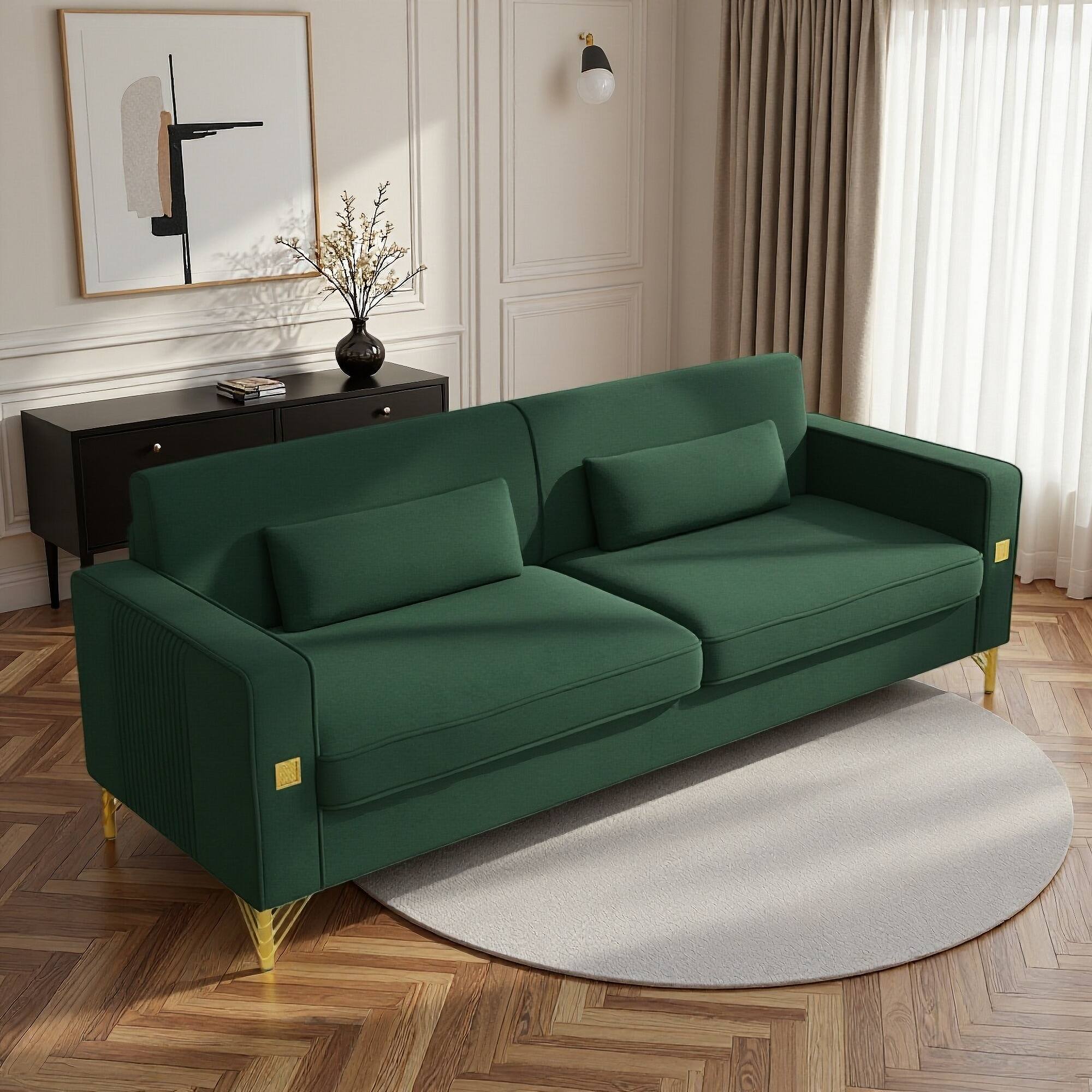 Left. Anysun - Luxury 3-Seat Velvet Sofa with Gold Accents - Plush Cushions for Living Room & Office. - Green.