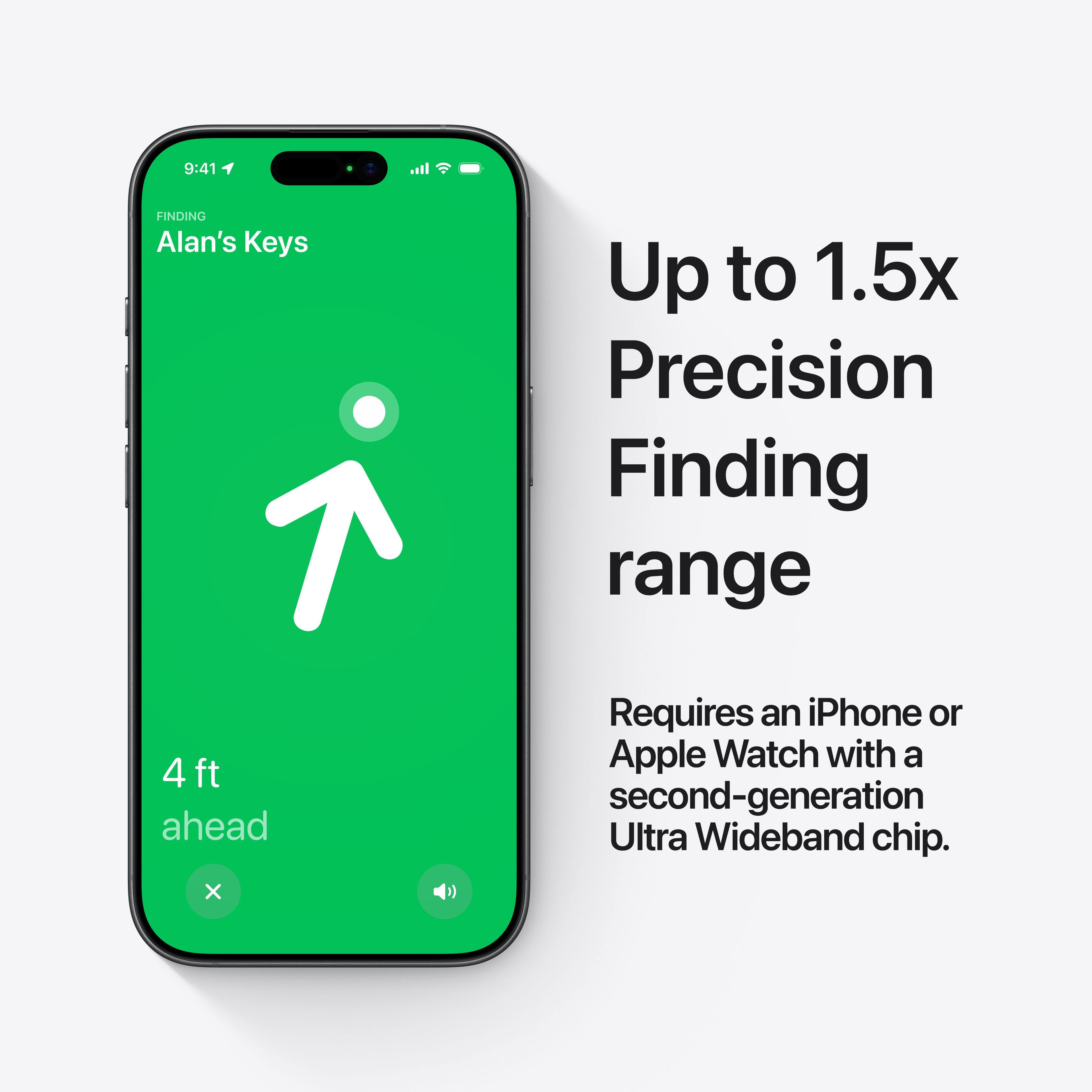 9:41 FINDING Alan's Keys  
Up to 1.5x Precision Finding range  
4 ft ahead  
Requires an iPhone or Apple Watch with a second-generation Ultra Wideband chip.