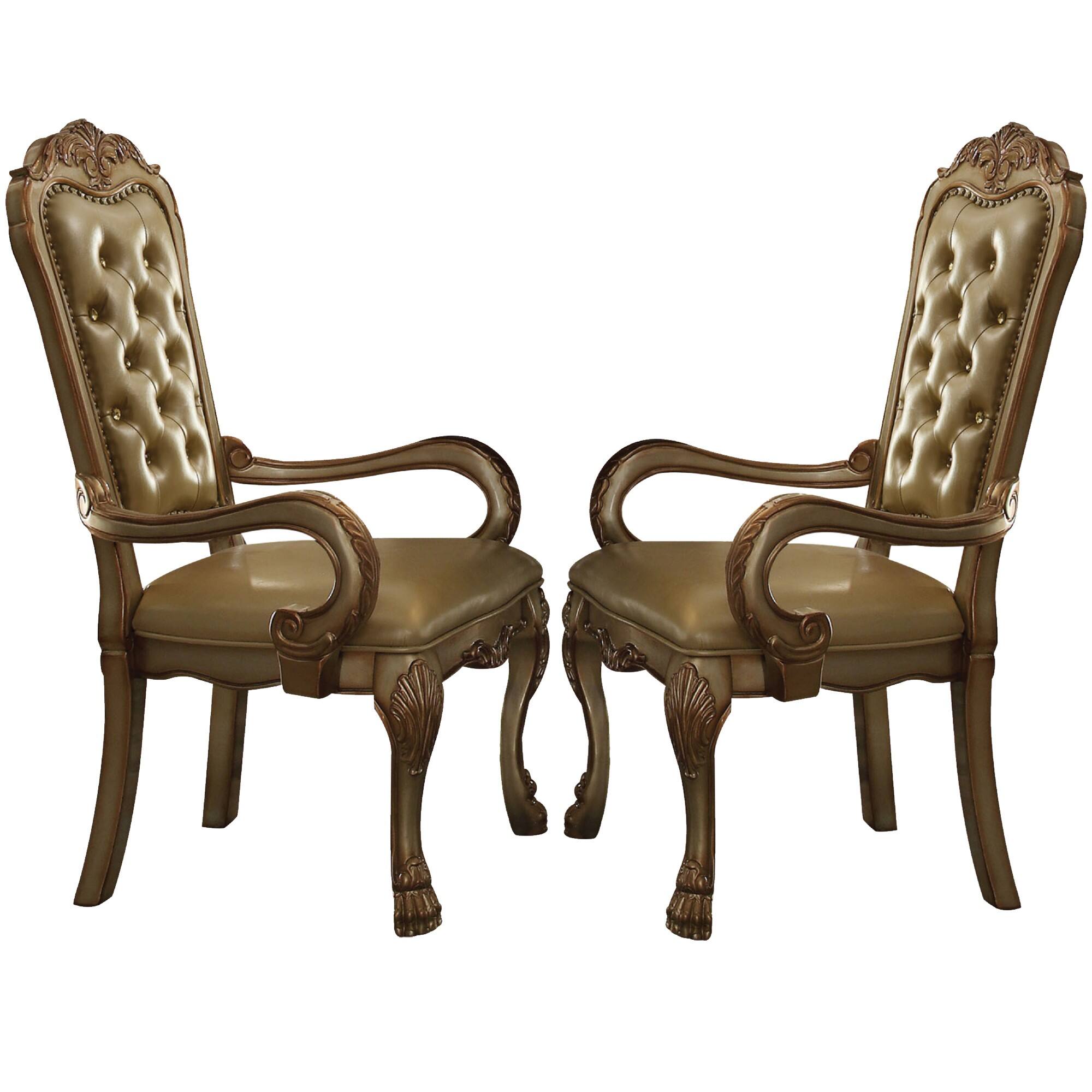 Front. Manhattan Lane - Leatherette Upholstered Arm Chair with Intricate Carvings, Set of 2 - Gold.