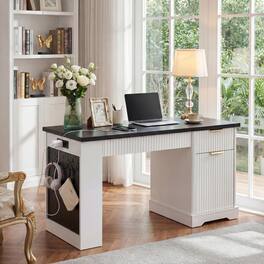 Loheer - Office Desk with Storage, Modern Fluted Writing Desk with Power Outlet, Pegboard, Shelves - White