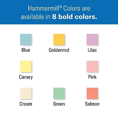 Hammermill® Colors are available in 8 bold colors.

- Blue
- Goldenrod
- Lilac
- Canary
- Pink
- Cream
- Green
- Salmon