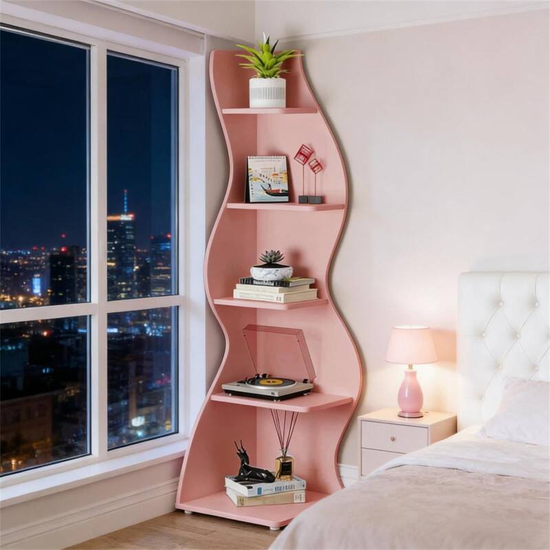 Alt View 2. HTUTWOO - Wall Corner Bookcase - 5-Tier Wood Corner Shelf, 70.53" Tall, Display Storage Rack with Snap Setup for Small Spaces - Pink.