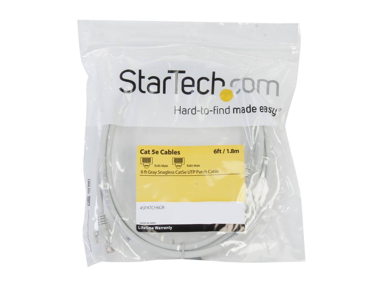 StarTech.com  
Hard-to-find made easy  

Cat 5e Cables  
6ft / 1.8m  
RJ45 Male  
RJ45 Male  
6 ft Gray Snagless Cat5e UTP Patch Cable  

45PATCH6GR  
MADE IN CHINA  
Lifetime Warranty
