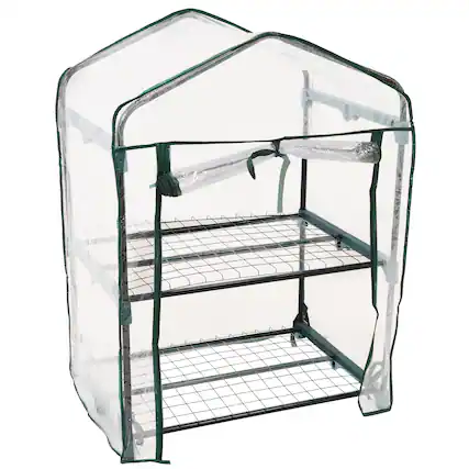 Front. Sunnydaze - 2-Tier Iron PVC Cover Mini Greenhouse and Roll-Up Zipper - Clear.