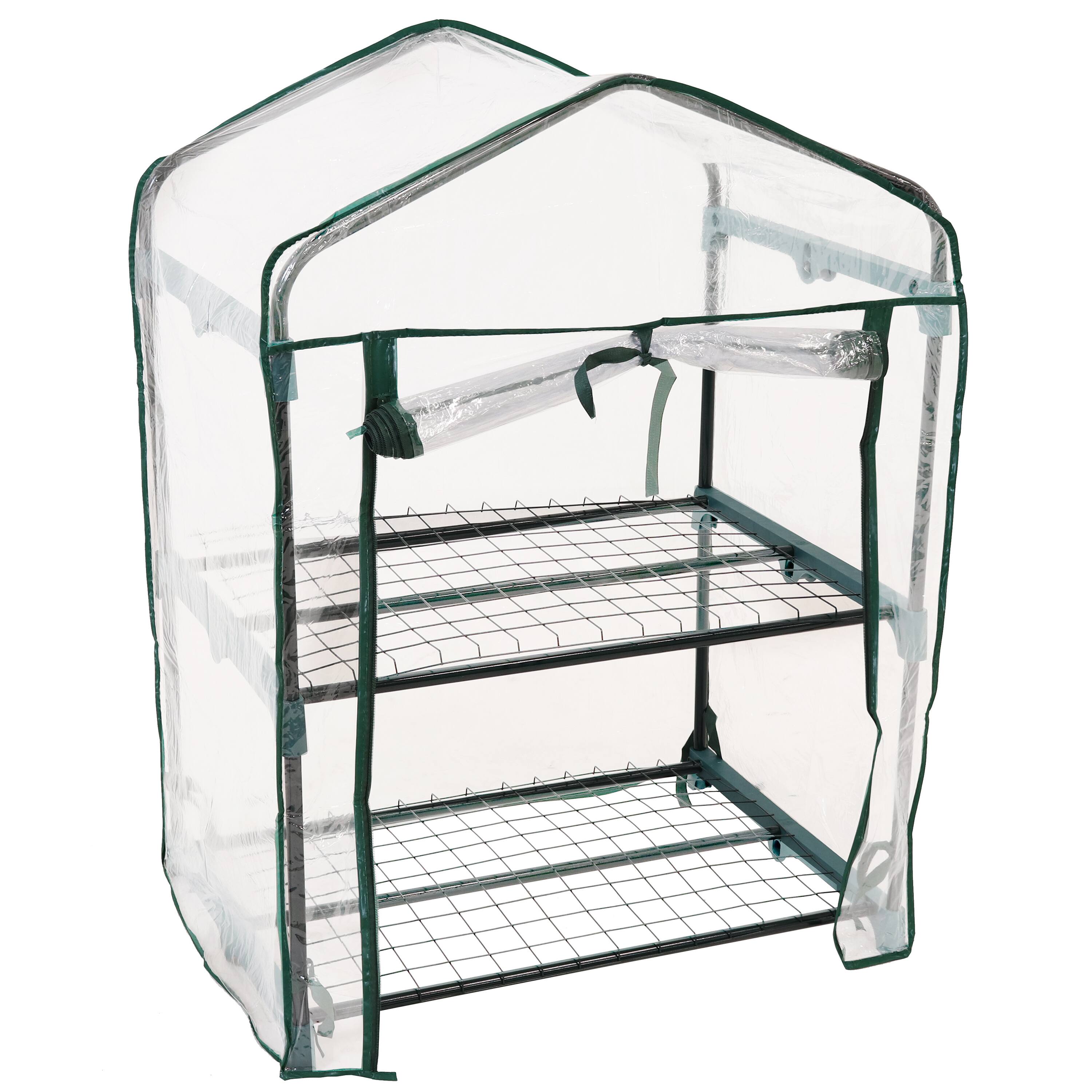 Front. Sunnydaze - 2-Tier Iron PVC Cover Mini Greenhouse and Roll-Up Zipper - Clear.
