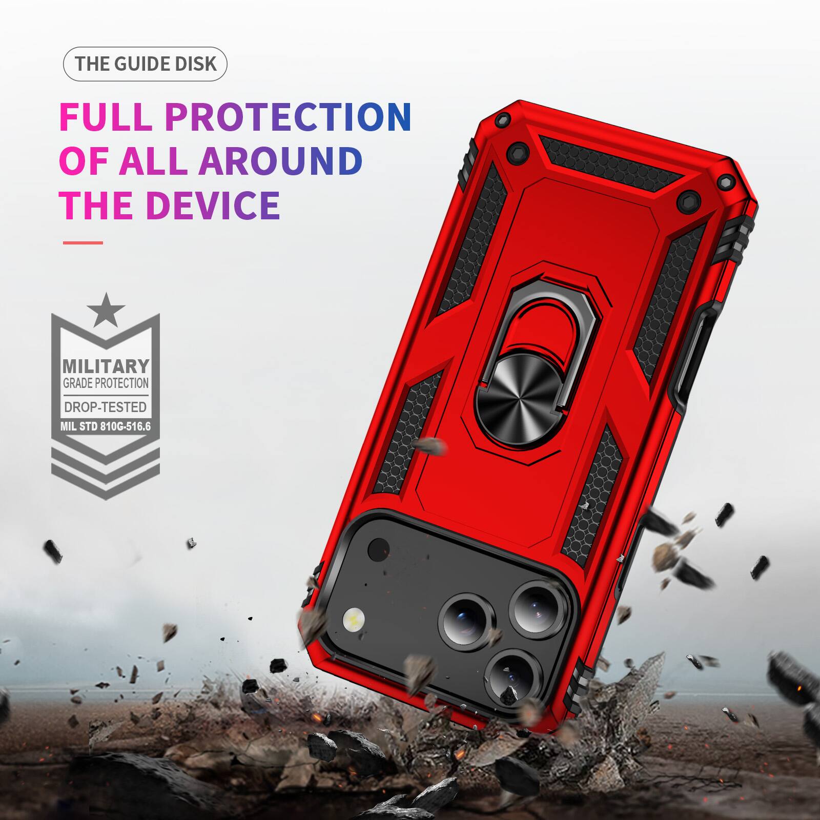 THE GUIDE DISK  
FULL PROTECTION OF ALL AROUND THE DEVICE  
- MILITARY GRADE PROTECTION  
DROP-TESTED  
MIL STD 810G-516.6
