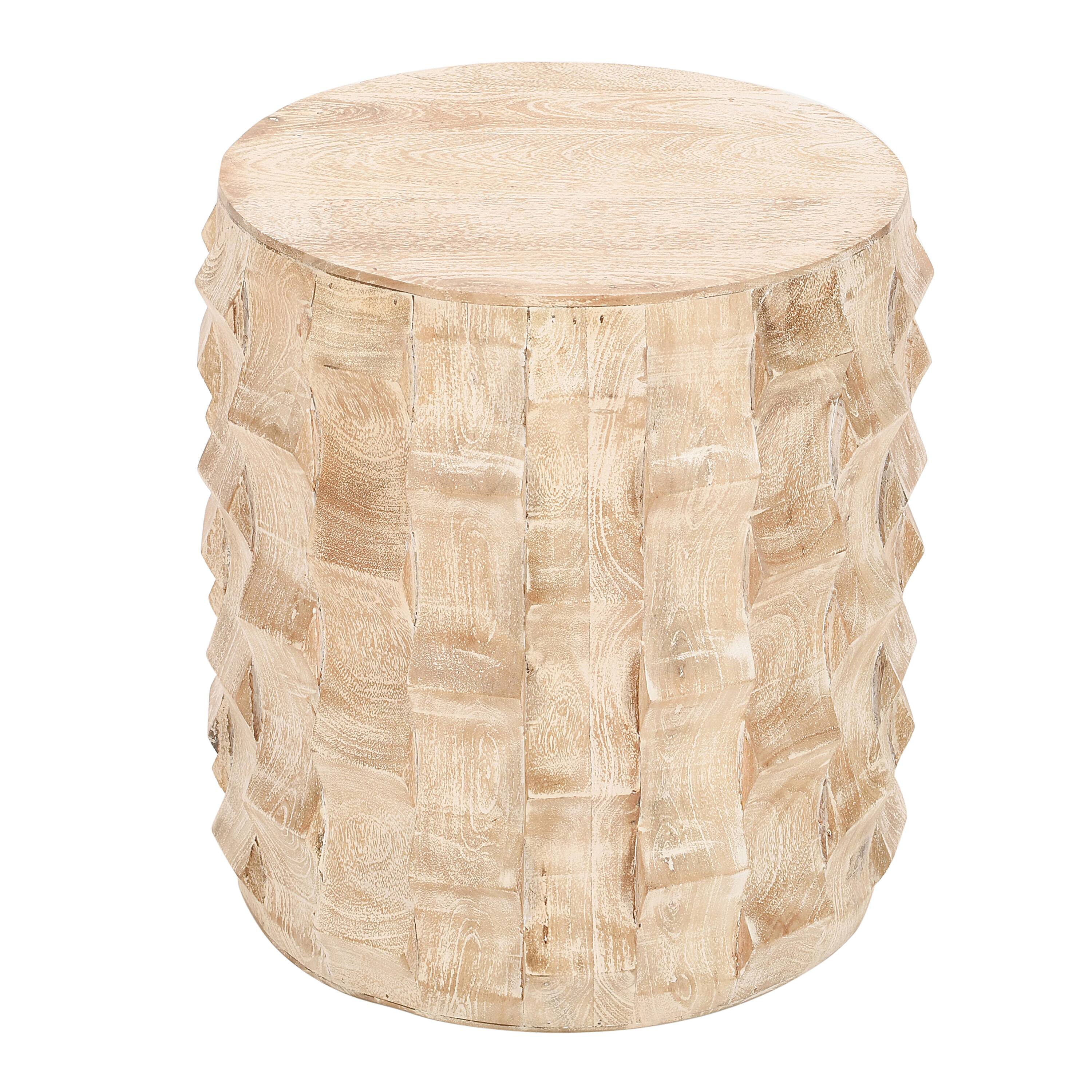 Front. Manhattan Lane - 20 Inch Side End Table, Round Drum Shape with 3D Textured Design - White.