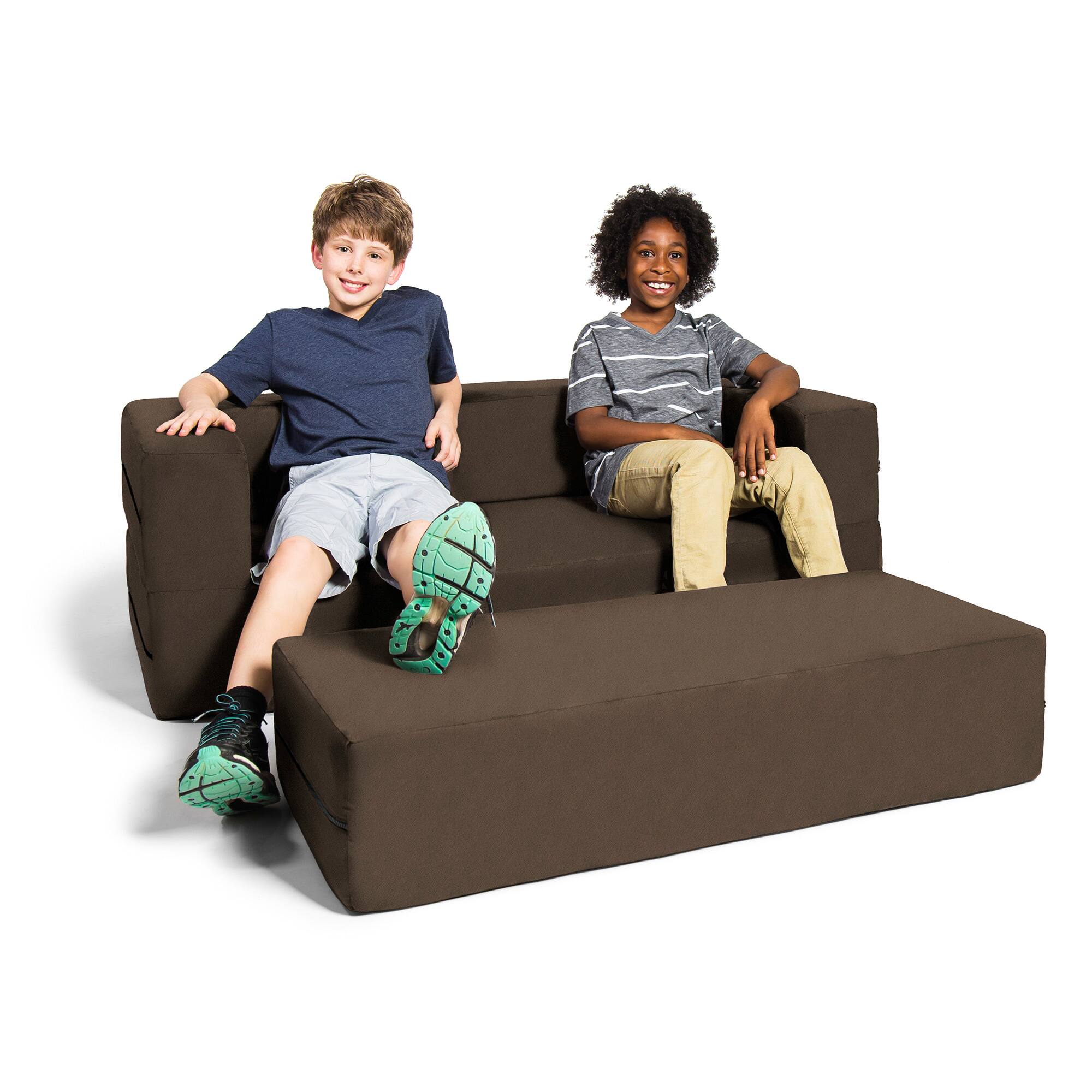 Left. Jaxx - Jaxx Zipline Kids Sofa & Large Ottoman, 3 in 1 Fold Out Sofa, Big Kids Edition, Chocolate - Chocolate.