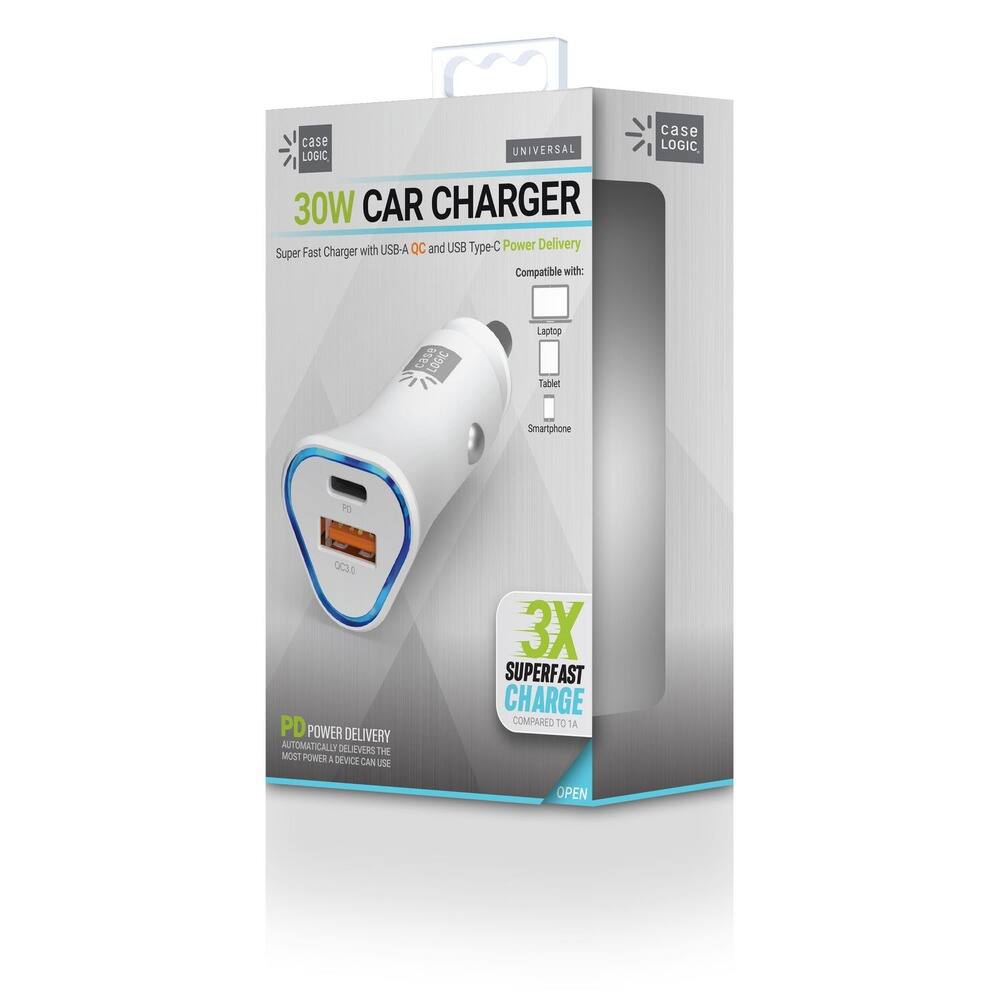 **Case Logic Universal 30W Car Charger**
- Super Fast Charger with USB-A QC and USB Type-C Power Delivery
- Compatible with: Laptop, Tablet, Smartphone
- PD Power Delivery: Automatically delivers the most power a device can use
- 3X Super Fast Charge compared to 1A
- Open