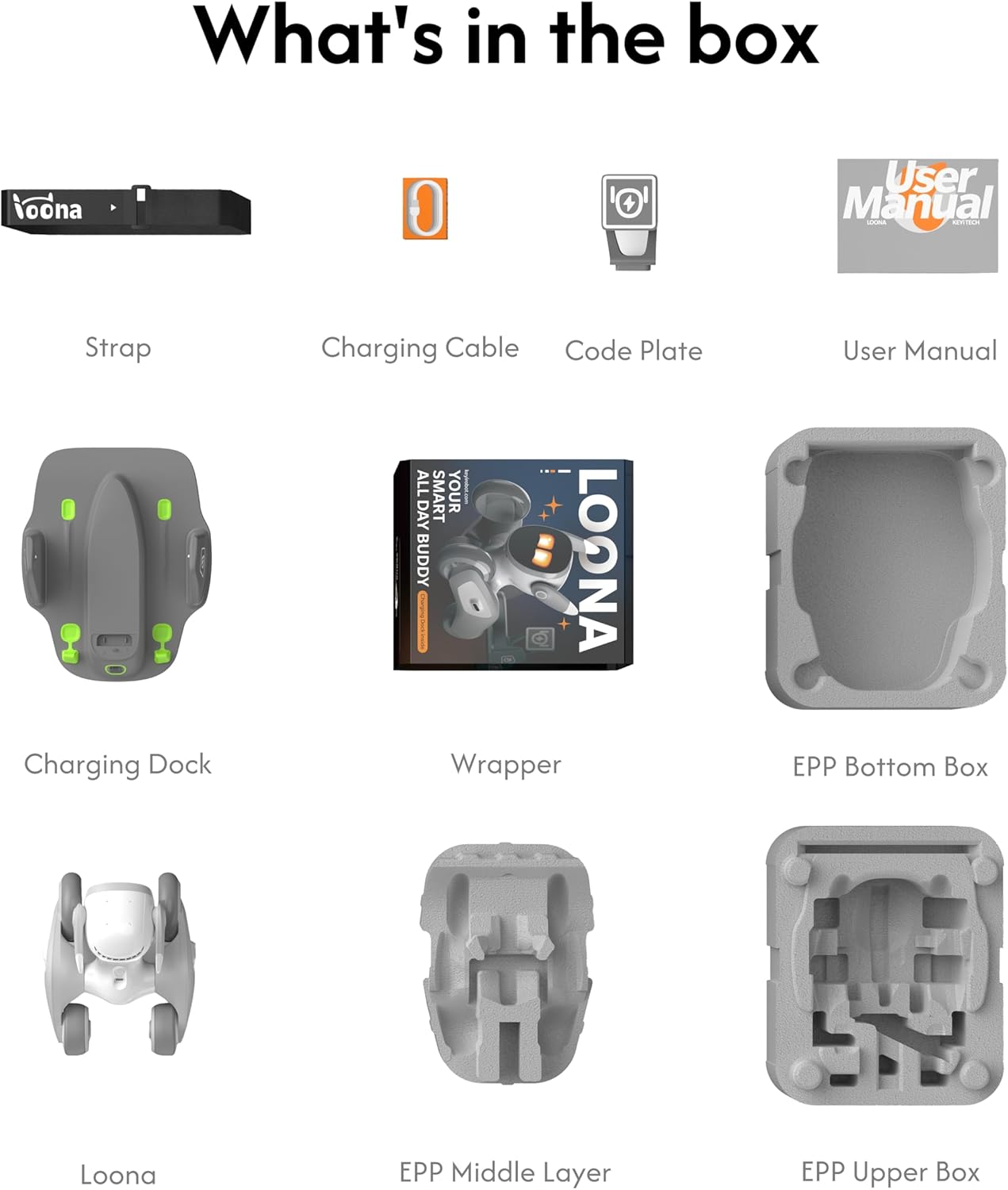 What's in the box:

- Strap
- Charging Dock
- Charging Cable
- Code Plate
- User Manual
- Wrapper
- Loona
- EPP Middle Layer
- EPP Bottom Box
- EPP Upper Box