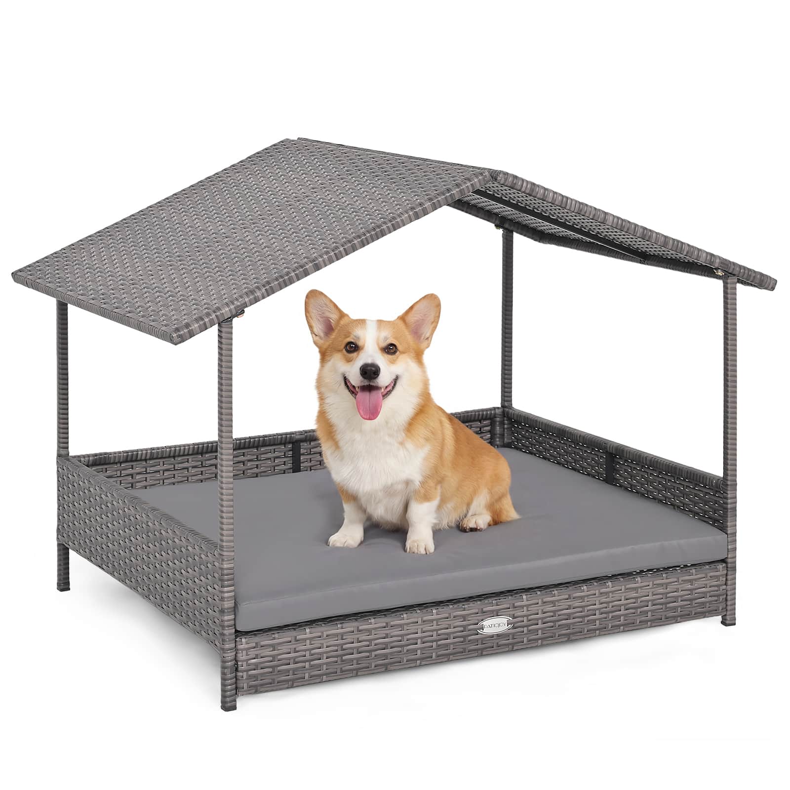 Gymax - Wicker Dog House w/ Canopy PE Rattan Dog Bed Waterproof Removable Cushion
