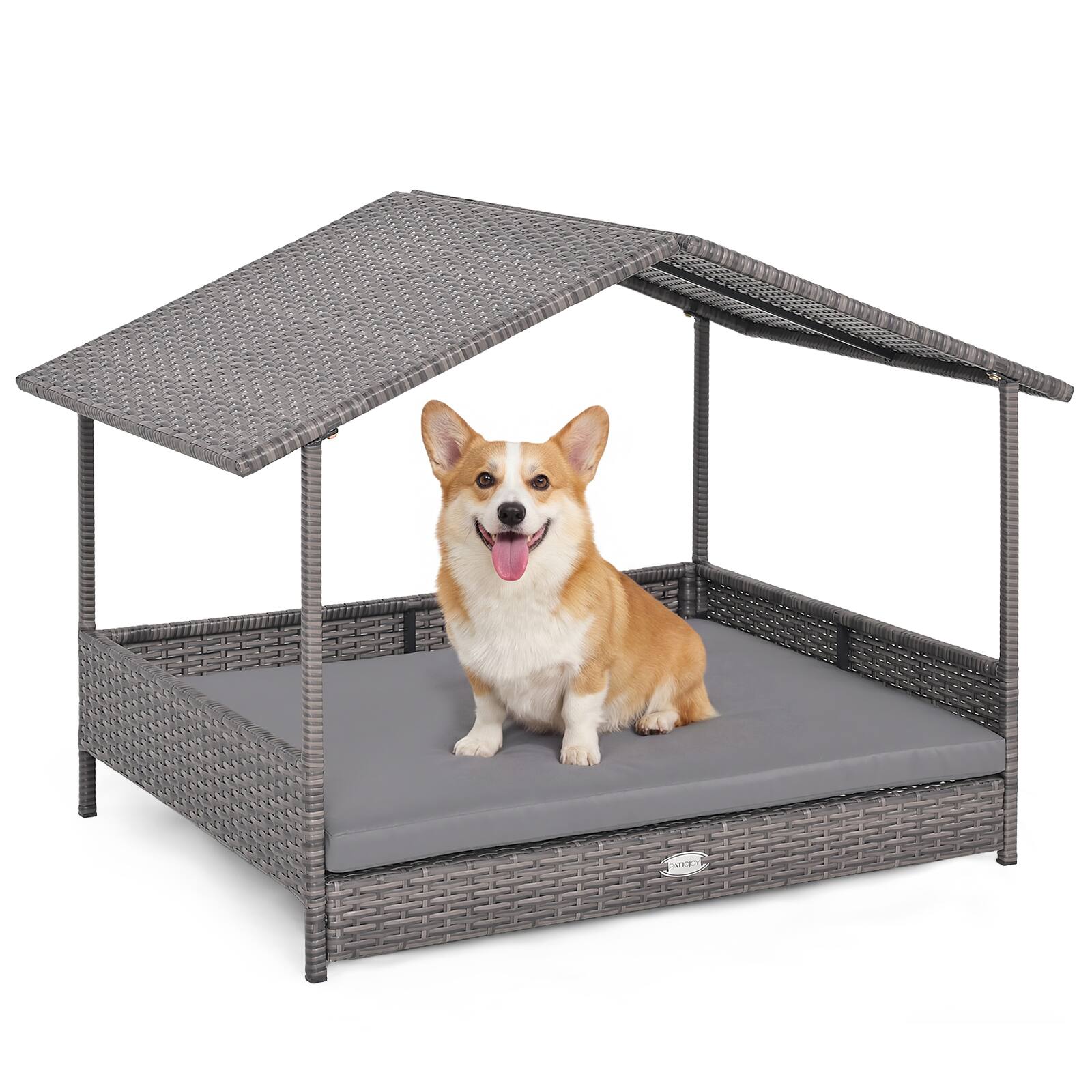 Front. Gymax - Gymax Wicker Dog House w/ Canopy PE Rattan Dog Bed Waterproof Removable Cushion.