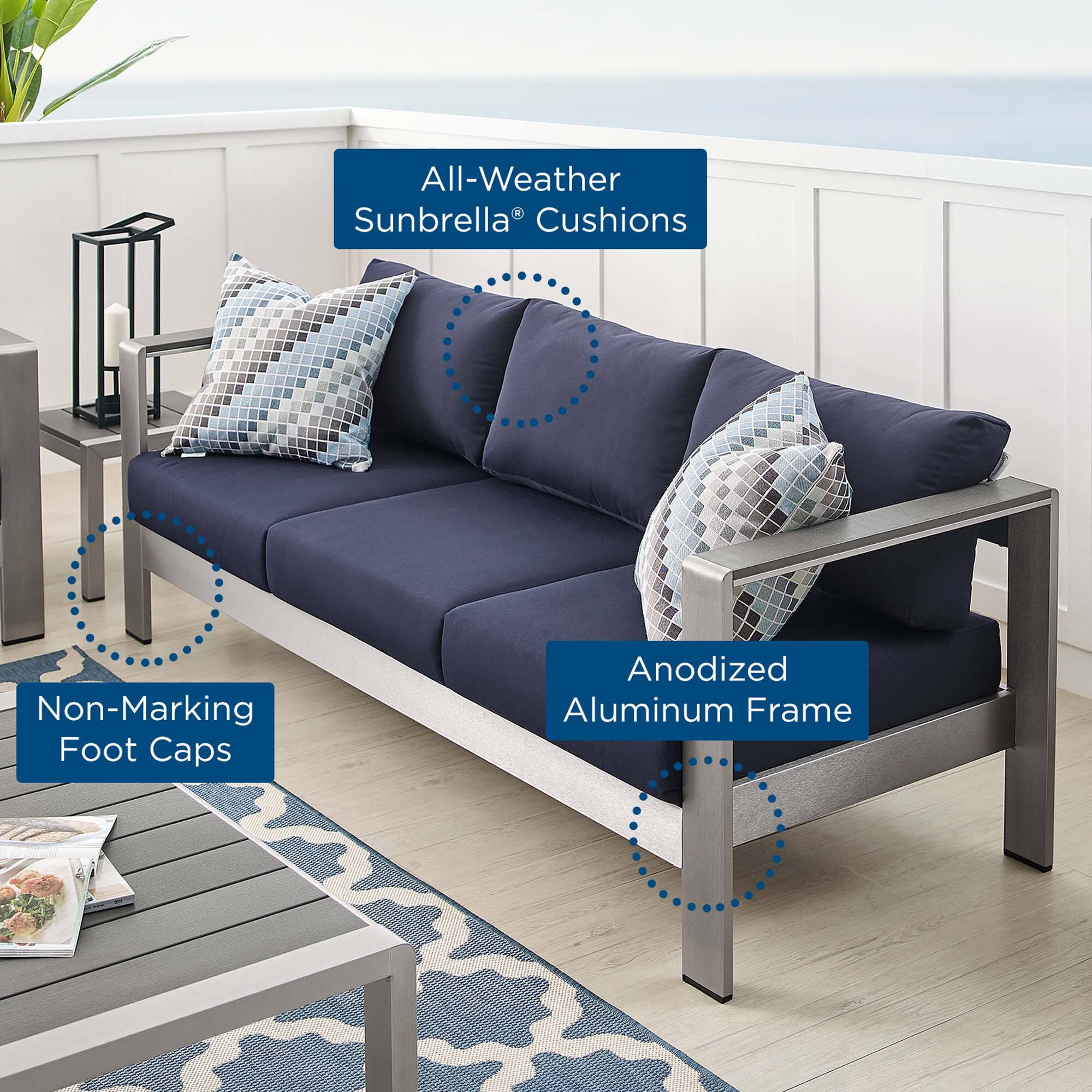 All-Weather Sunbrella® Cushions  
Non-Marking Foot Caps  
Anodized Aluminum Frame
