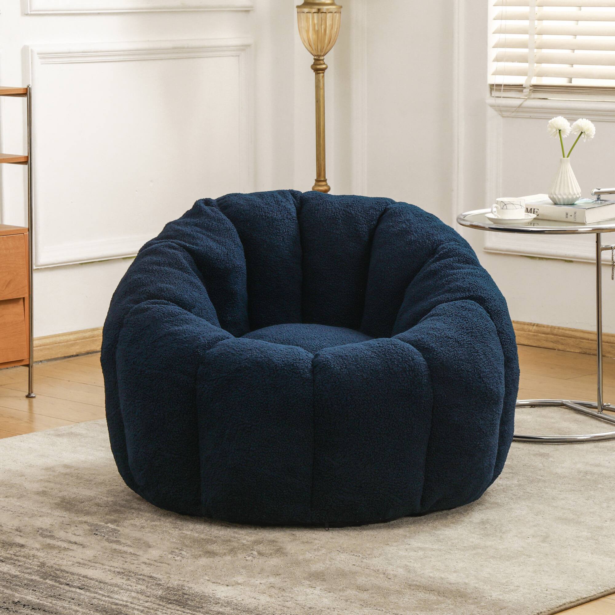 Back. GOODSILO - Plush Faux Fur Bean Bag Chair with Armrests and Ergonomic Backrest for Ultimate Relaxation in Living Spaces - Dark Blue.