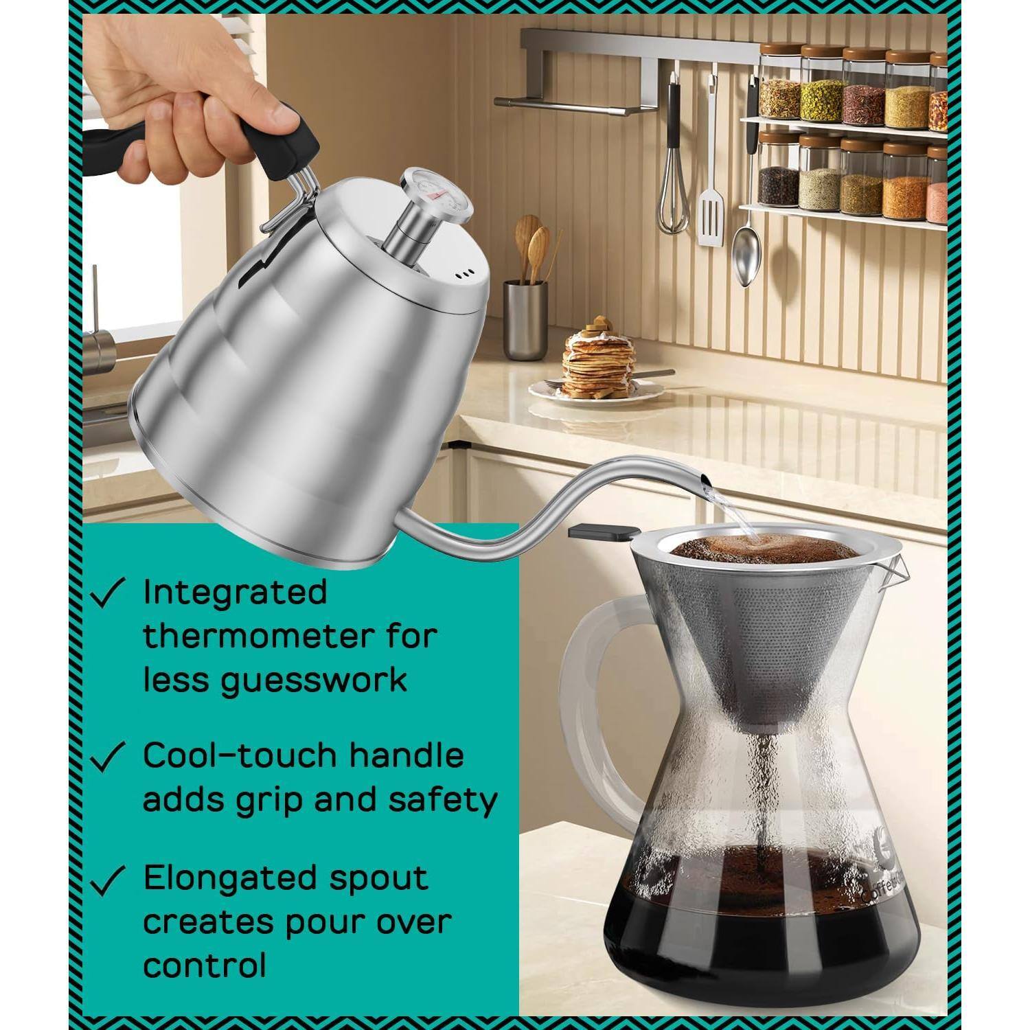 Dapper Styles Gooseneck Kettle With Stainless Steel Pour Over Maker ...