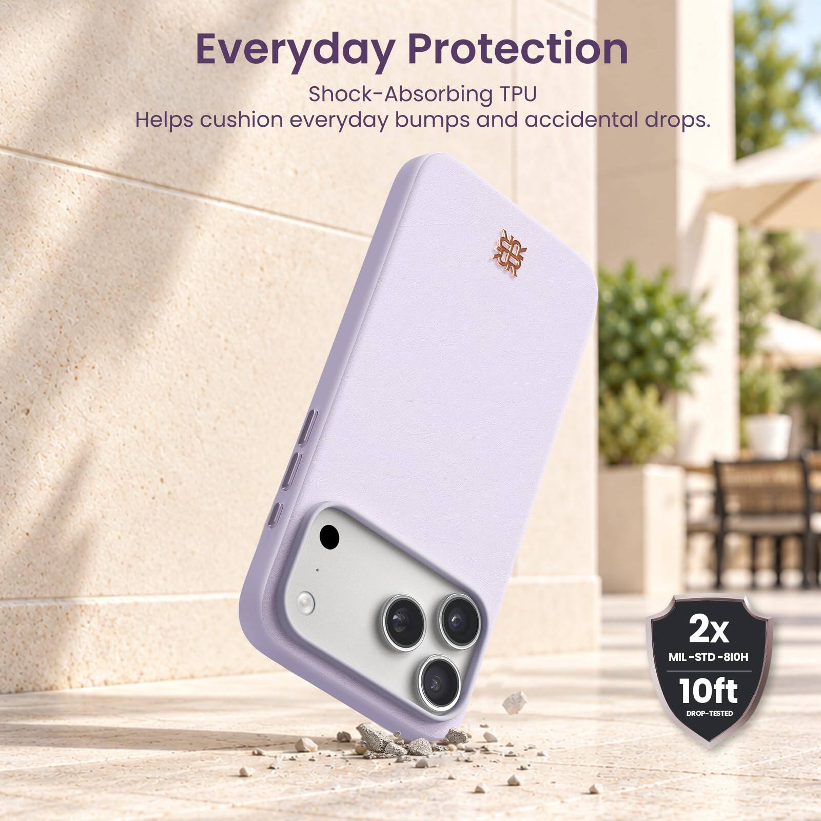 Everyday Protection  
Shock-Absorbing TPU  
Helps cushion everyday bumps and accidental drops.  

2x MIL-STD-810H 10ft DROP-TESTED