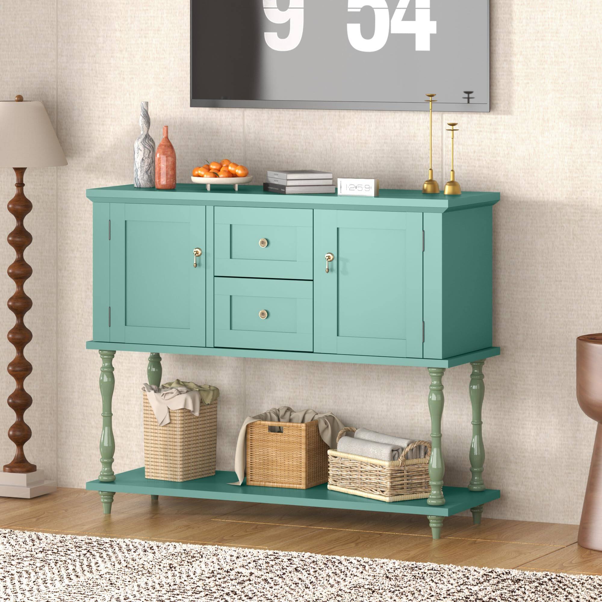 Alt View 4. Qeetex - 42" Farmhouse Console Table with 2 Drawers & 2 Doors, Wood Entryway Table with Storage Shelf, TV Stand for Living Room - Green.
