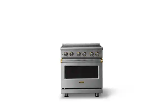 Front. Viking - 30 in. Wide 4 Elements Pro 5 Series 4.7 Cu.Ft. Freestanding Electric Convection Range-Stainless Steel/Brushed Brass Trim - Stainless Steel.