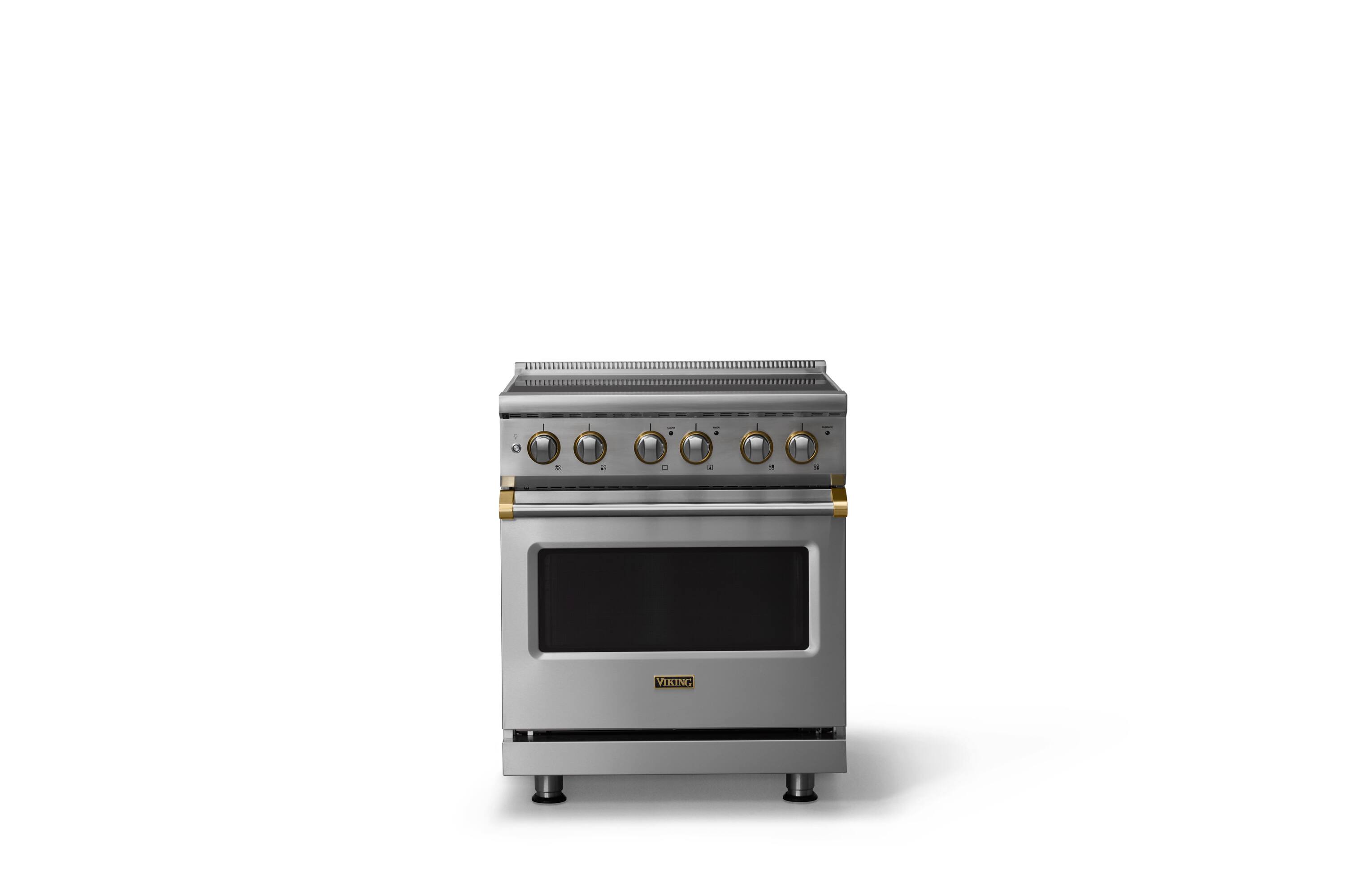Front. Viking - 30 in. Wide 4 Elements Pro 5 Series 4.7 Cu.Ft. Freestanding Electric Convection Range-Stainless Steel/Brushed Brass Trim - Stainless Steel.