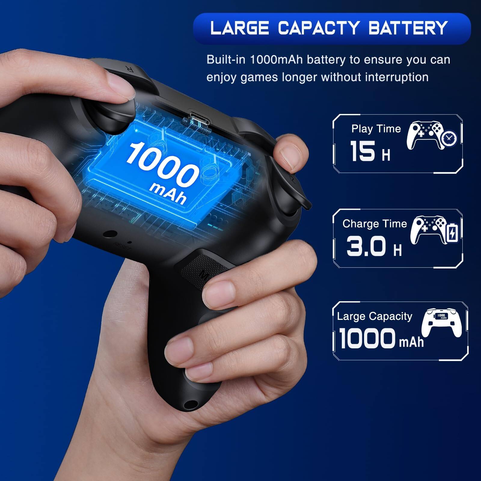 **LARGE CAPACITY BATTERY**

Built-in 1000mAh battery to ensure you can enjoy games longer without interruption

- Play Time: 15 H
- Charge Time: 3.0 H
- Large Capacity: 1000 mAh