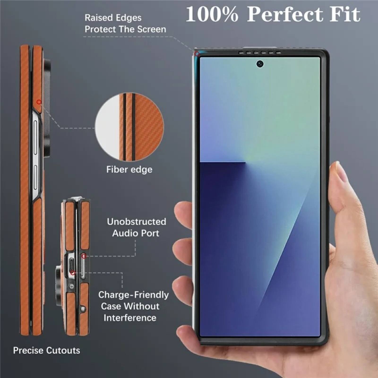 Raised Edges 100% Perfect Fit Protect The Screen  
Fiber edge  
Unobstructed Audio Port  
Charge-Friendly Case Without Interference  
Precise Cutouts
