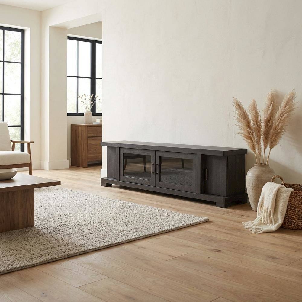 Alt View 2. FurniFact - Contemporary Brown Wood TV Stand with Glass Doors and Elegant Finish - Brown.