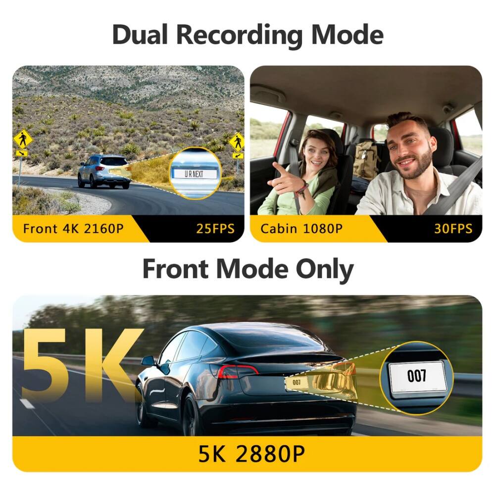 Dual Recording Mode
Front 4K 2160P 25FPS
Cabin 1080P 30FPS
Front Mode Only 5K 2880P