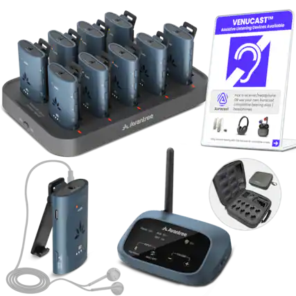 1% Lda AL2 sute A1E 0 VENUCAST Available Assistive Listening Devices - s - Cheiing ROy fa BwKeo aoor F0 Le Avantree Pick a receiver/headphone OR use your own Auracast compatible hearing aids/ I Auracast headphones. veing Ntaa heoing a Leu he beck - componble models Addo -y Hnld-Switch .... Phone AUK Avantree OFT INPUT * Per Phore VOLUME ALCX AUX/OFT OPT