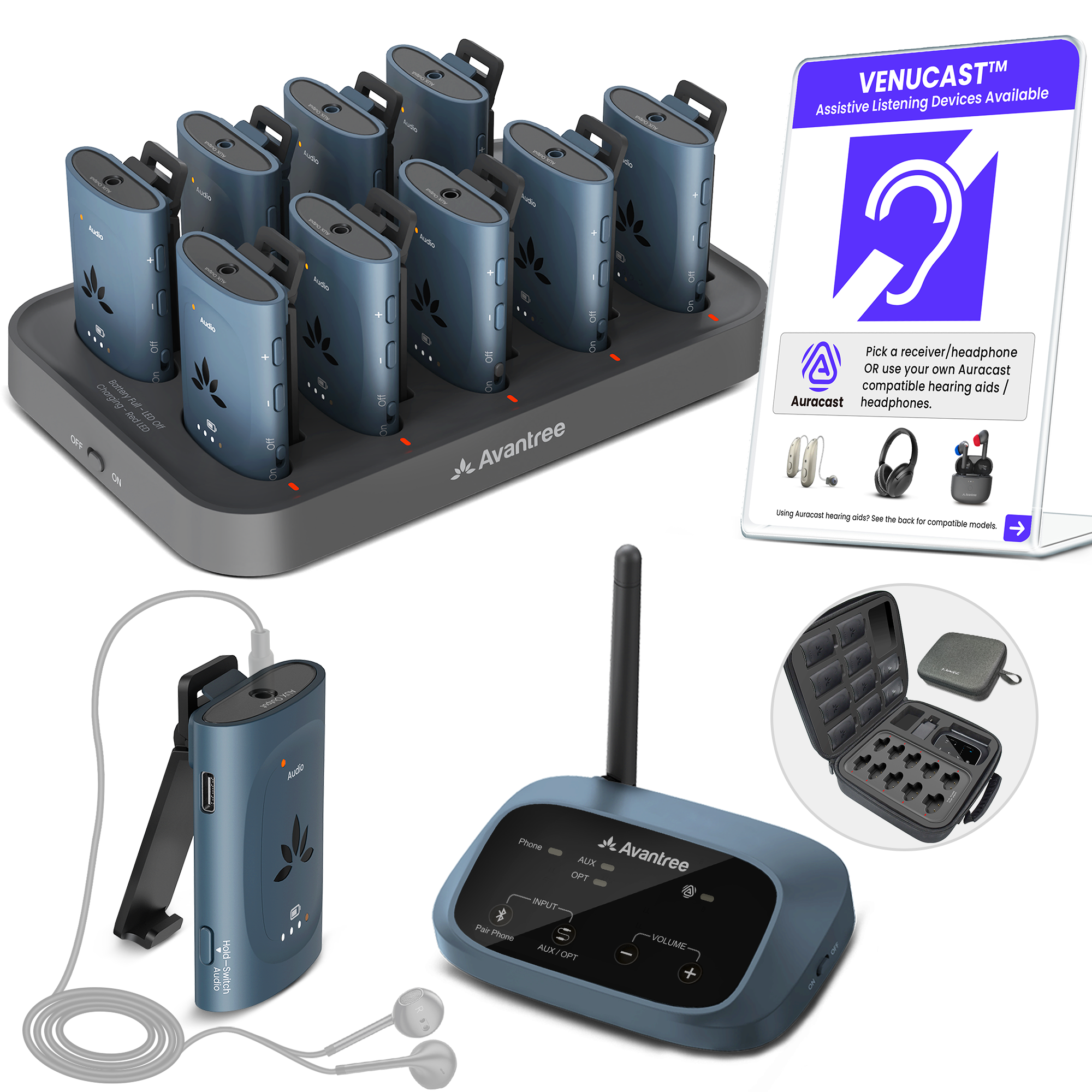 1% Lda AL2 sute A1E 0 VENUCAST Available Assistive Listening Devices - s - Cheiing ROy fa BwKeo aoor F0 Le Avantree Pick a receiver/headphone OR use your own Auracast compatible hearing aids/ I Auracast headphones. veing Ntaa heoing a Leu he beck - componble models Addo -y Hnld-Switch .... Phone AUK Avantree OFT INPUT * Per Phore VOLUME ALCX AUX/OFT OPT