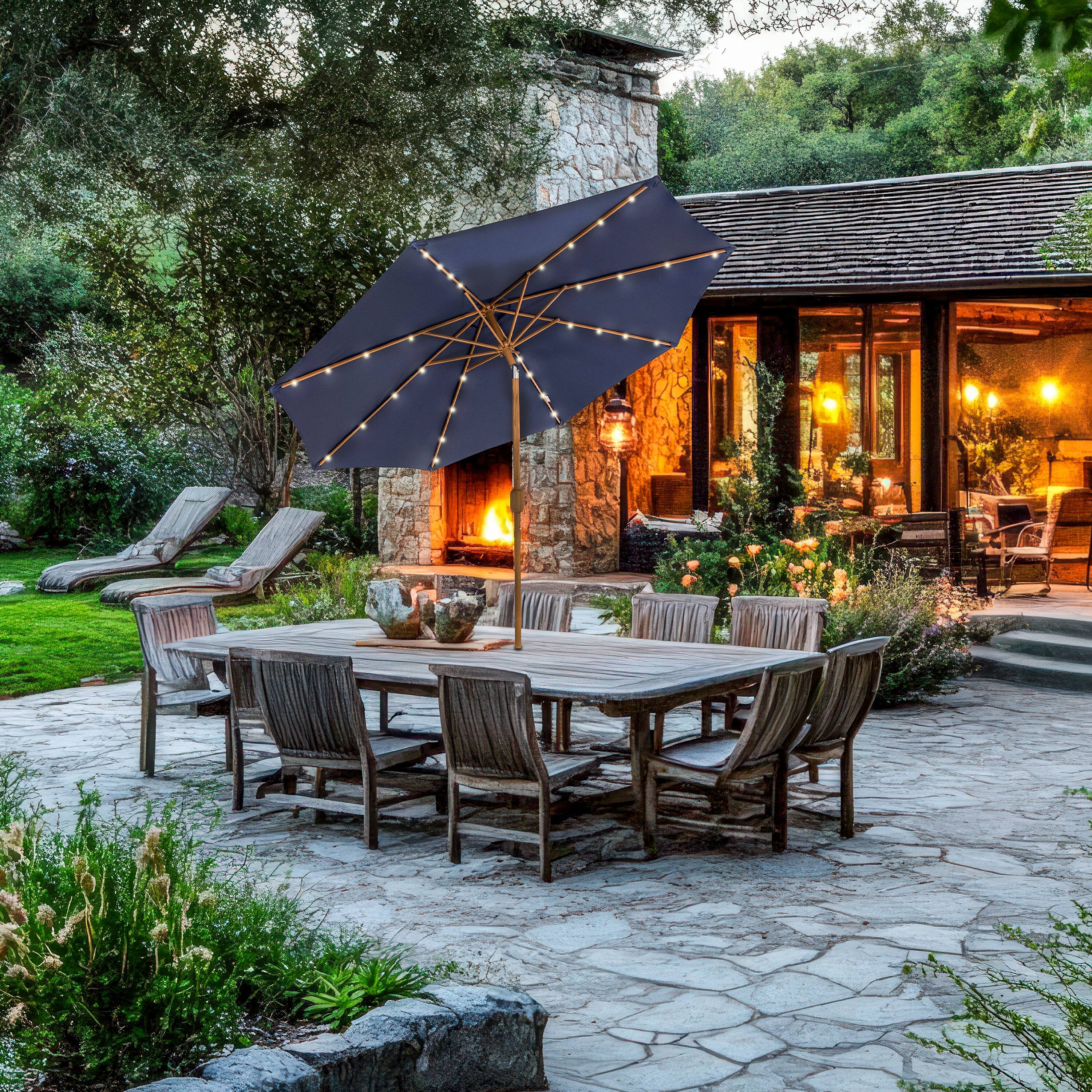 Alt View 8. Sunnydaze - 8.5 ft Solar Patio Umbrella with Faux Woodgrain Finish - Navy Blue.