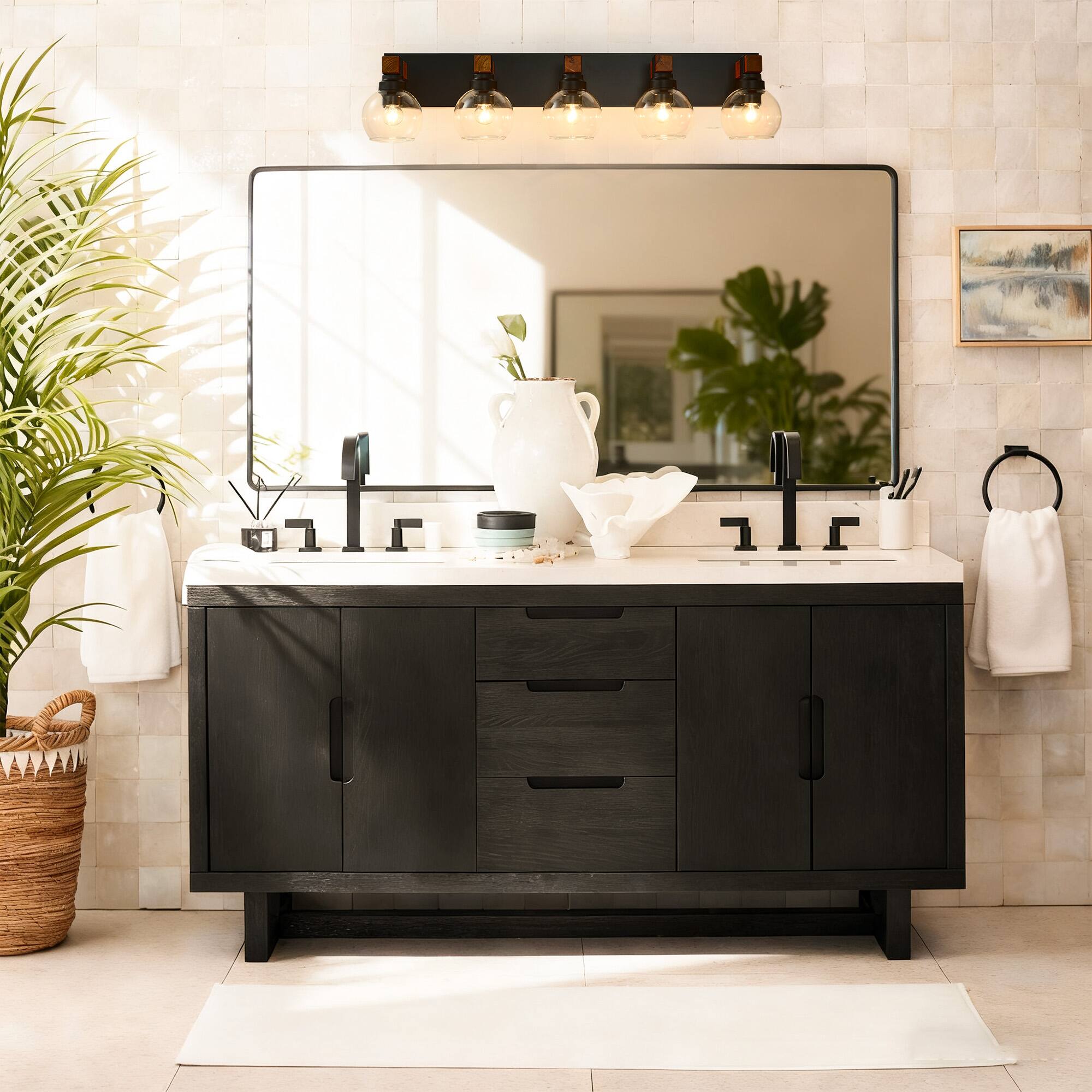 Alt View 3. RYHNUYNE - 5 Light Bathroom Vanity Light Fixtures, Black and Gold Wood Bathroom Light Fixtures Over Mirror, Farmhouse Wall Sconces - Black and Gold.